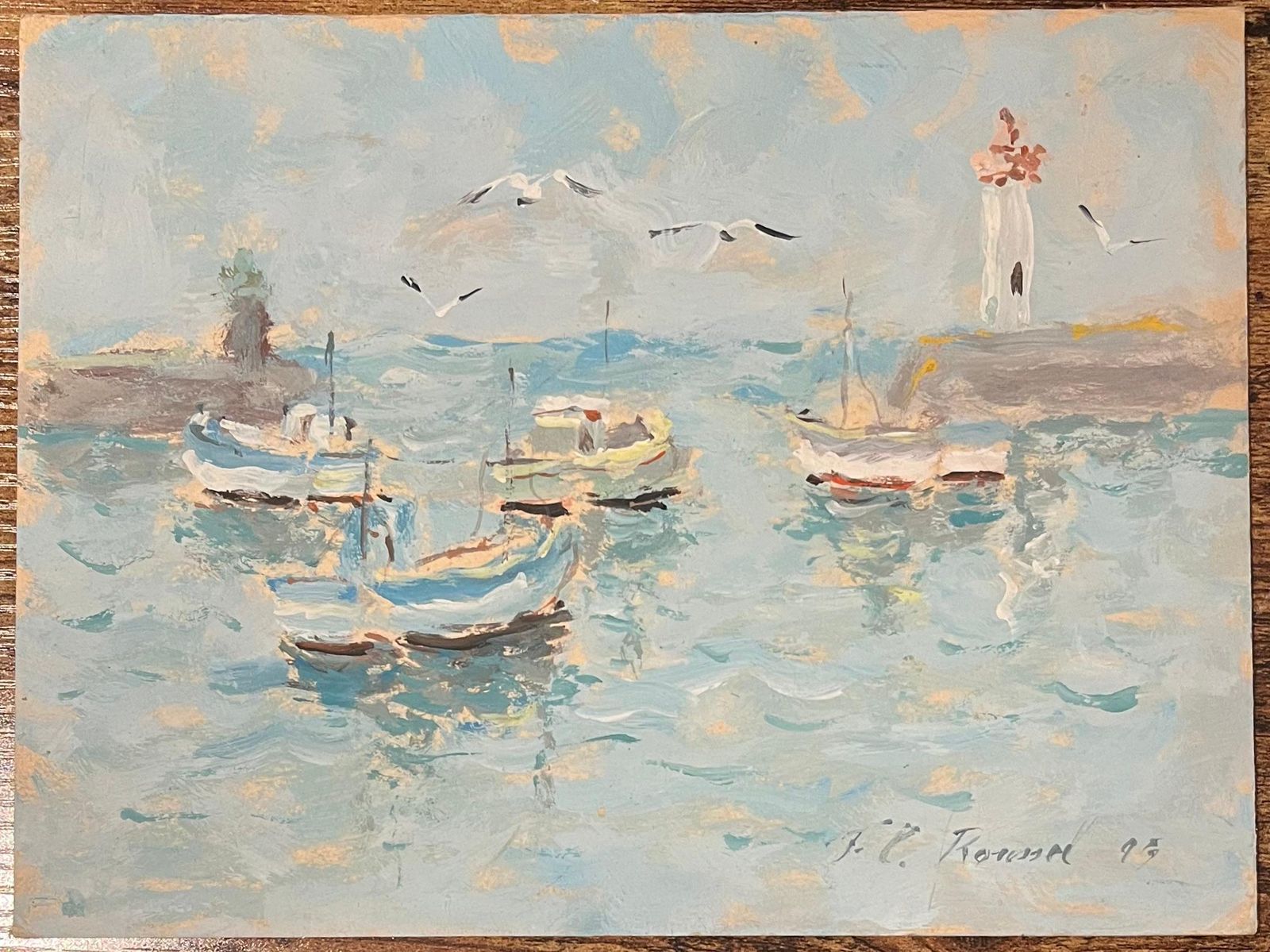 Fanch Lelfrench Impressionist Oil Painting Of Boats And Lighthouse In A Calm Harbour1998 photo furniture