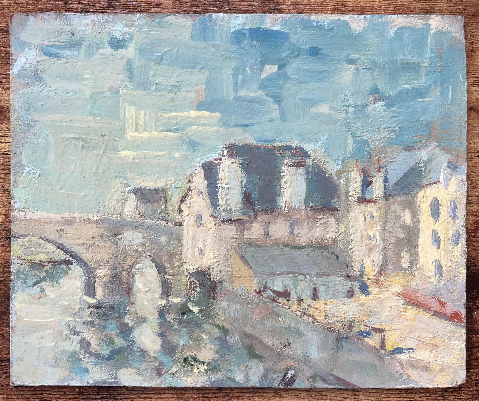 Fanch Lelfrench Impressionist Oil Painting Of A Tranquil Village View With Stone Bridge20th Century photo for sale
