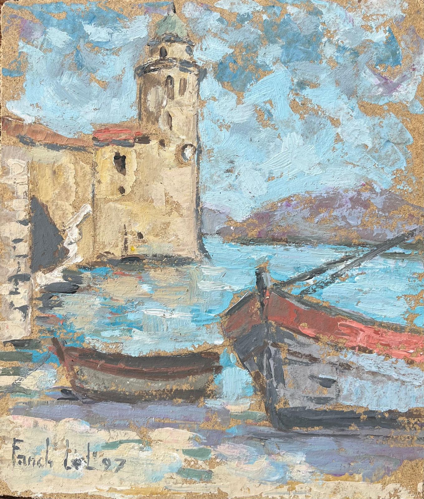 Fanch Lelfrench Impressionist Oil Painting Of Boats By A Coastal Tower20th Century