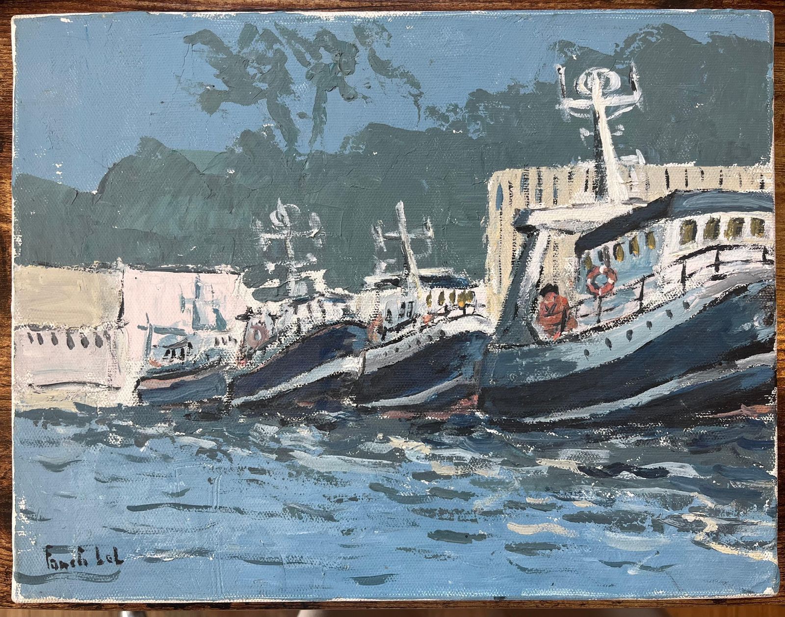 Fanch Lelfrench Impressionist Oil Painting Of Docked Fishing Boats Along A Harbour20th Century photo furniture