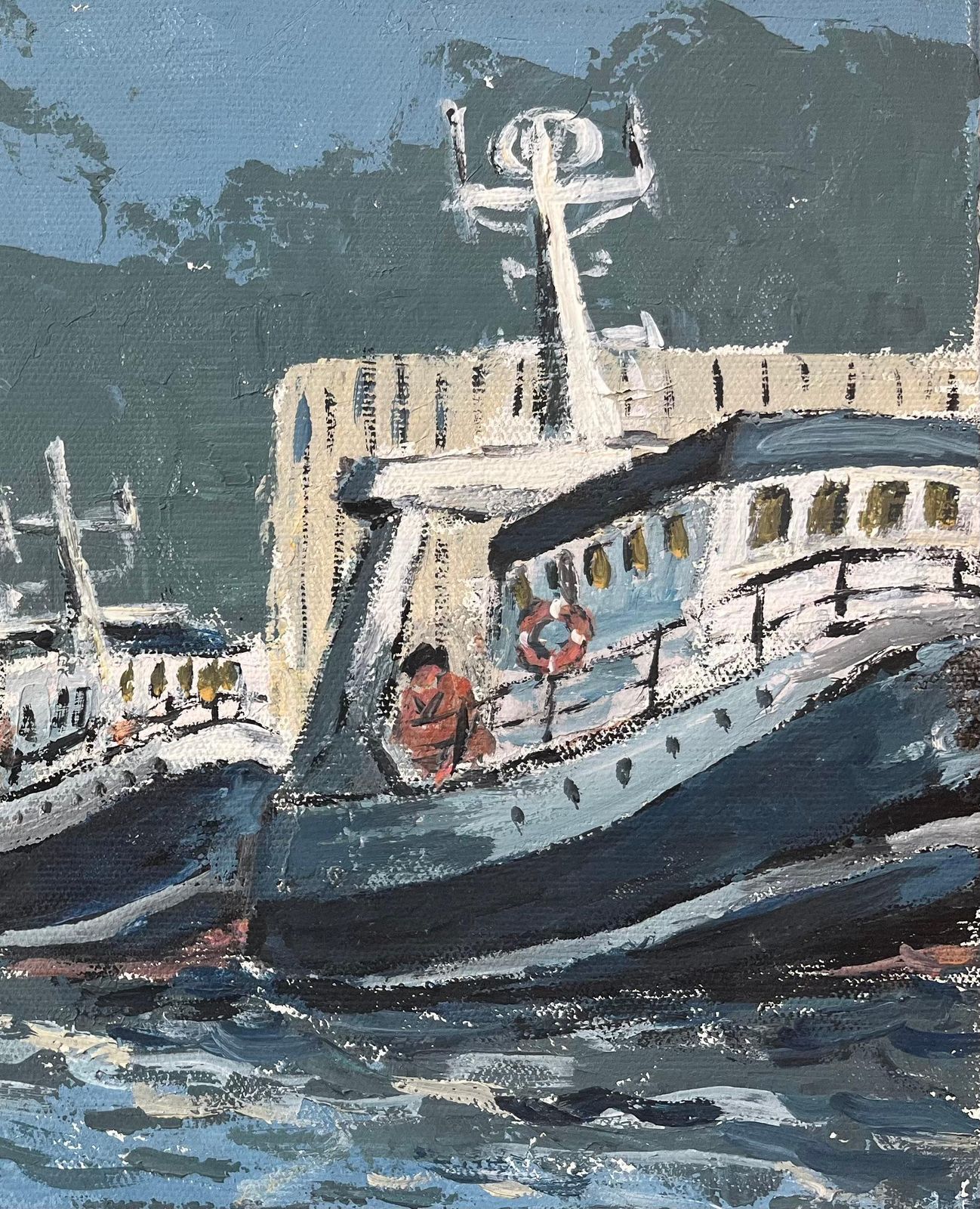 Fanch Lelfrench Impressionist Oil Painting Of Docked Fishing Boats Along A Harbour20th Century photo for sale