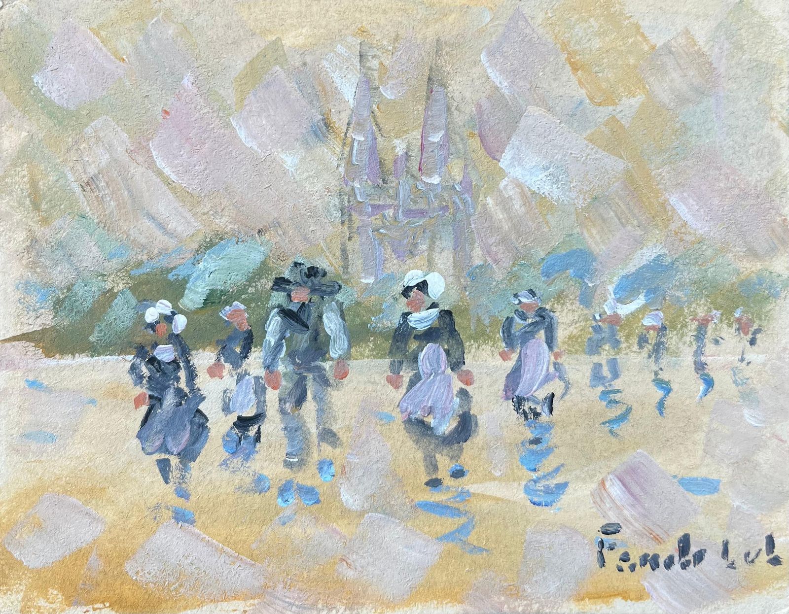 Fanch Lelfrench Impressionist Oil Painting Of Breton Women Leaving Church In Quimper20th Century