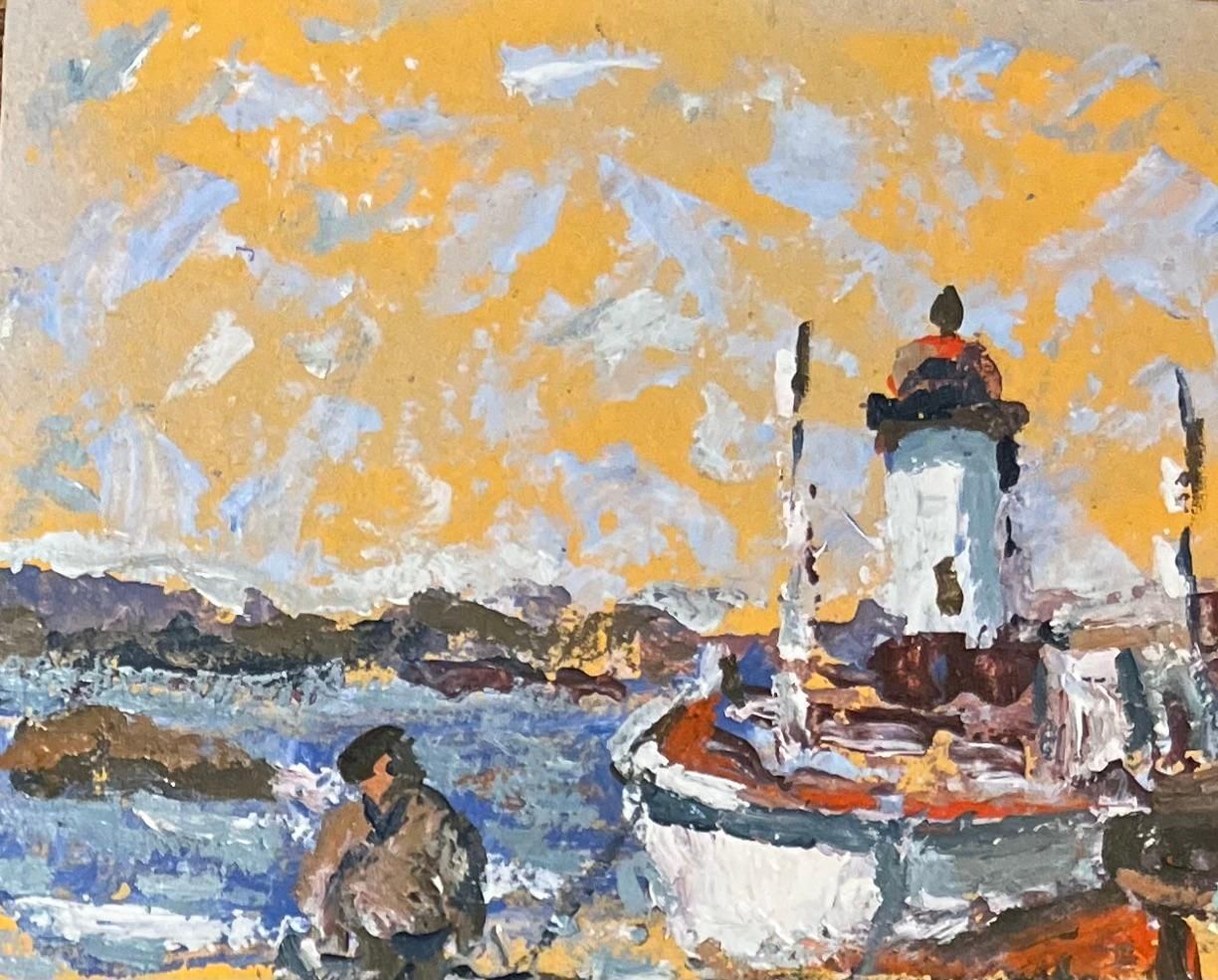 Fanch Lelfrench Impressionist Oil Painting Of A Boat And A Fisherman Near A Lighthouse20th Century photo vinterior