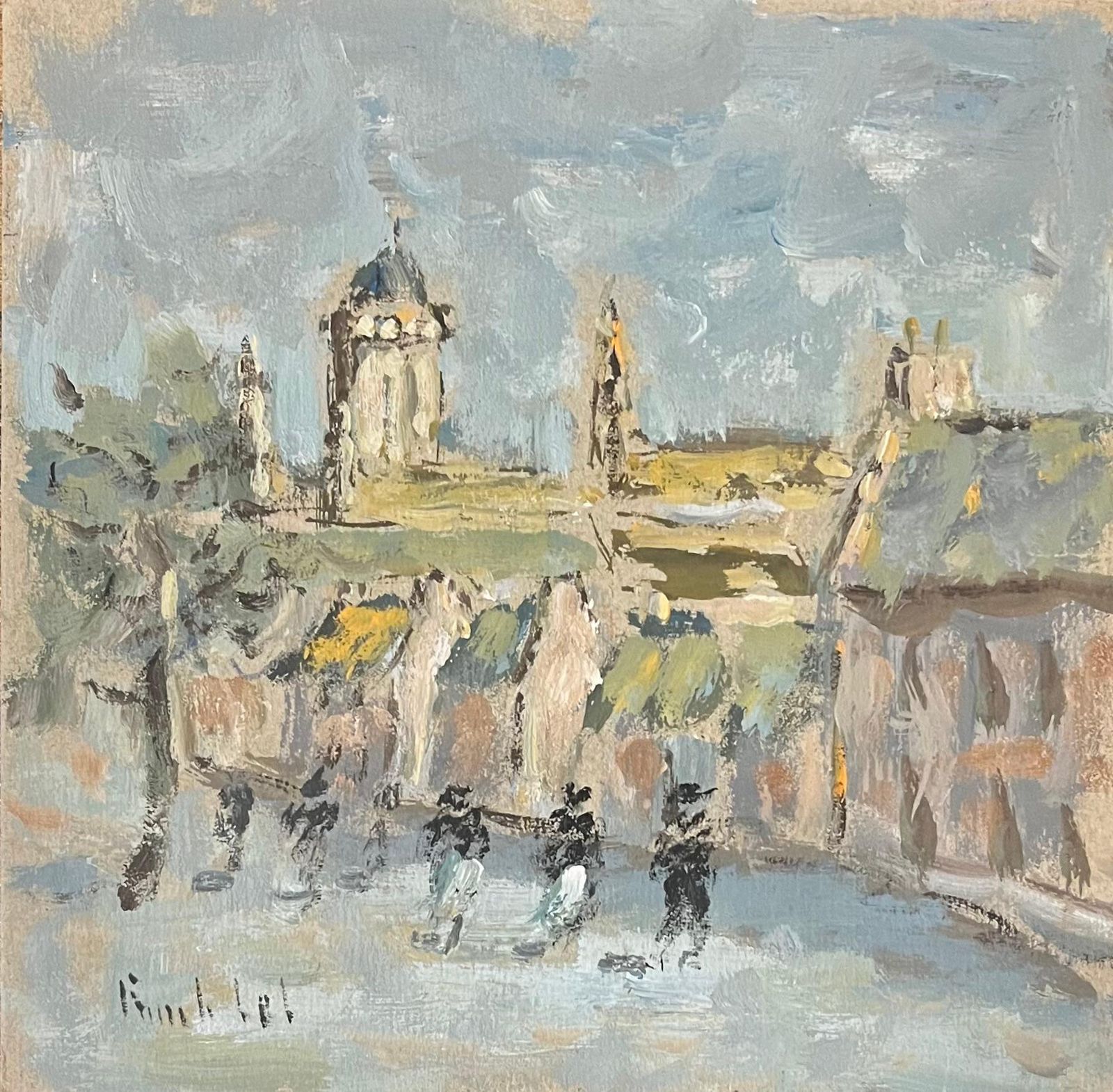 Fanch Lelfrench Impressionist Oil Painting Of Village Scene With Figures And Buildings2002