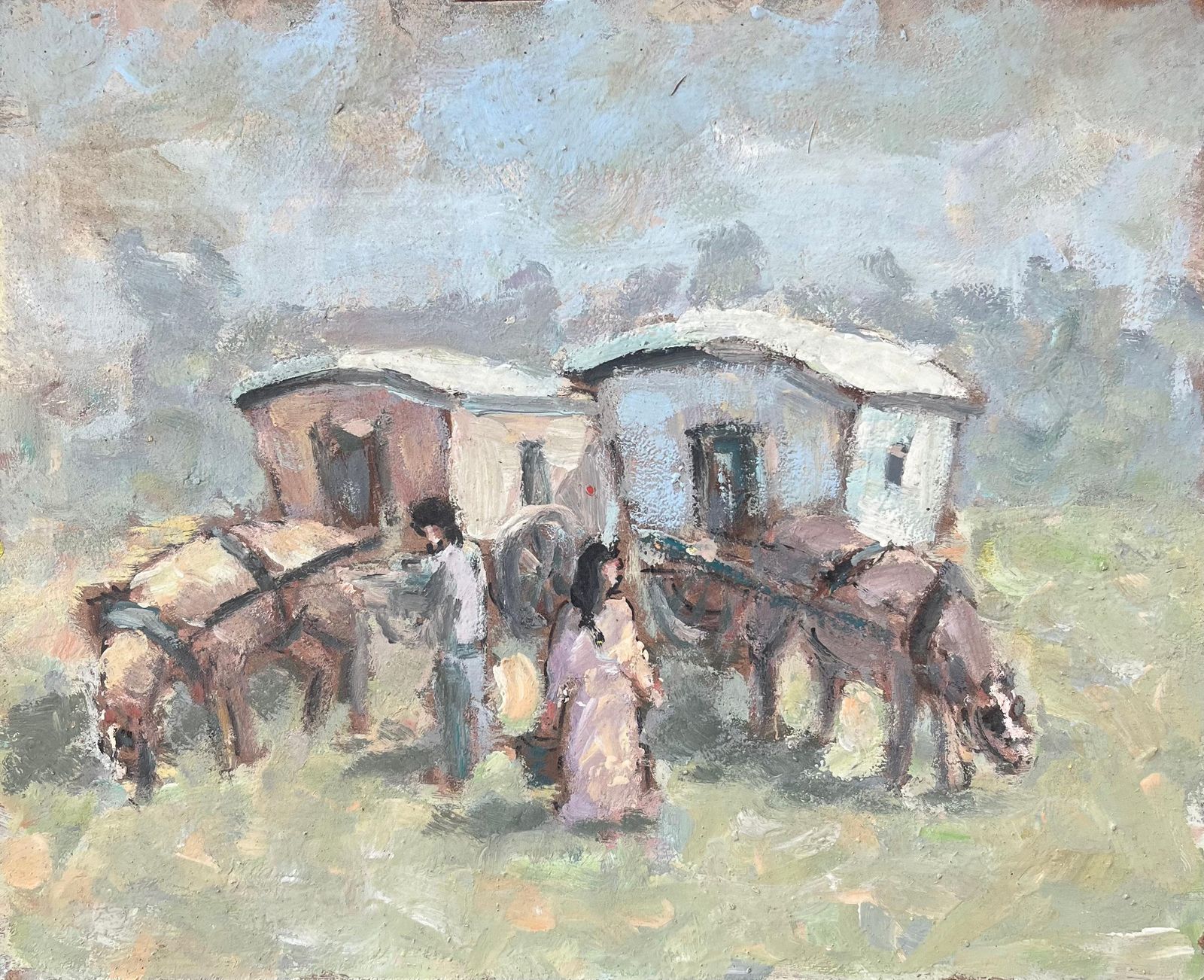 Fanch Lelfrench Impressionist Oil Painting Of Horses And Caravans In Pastoral Scene20th Century