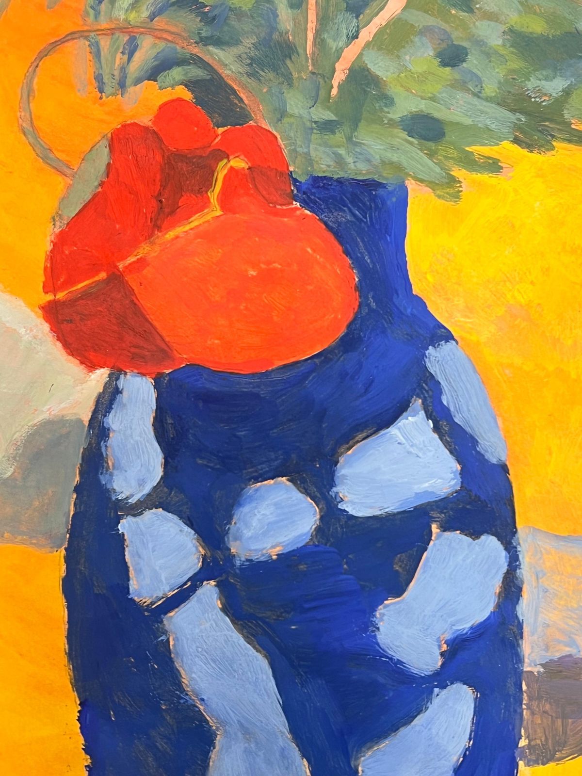 Jill Jacksonbold Blue Vase With Red Flower On A Vibrant Yellow Background British Oil photo for sale