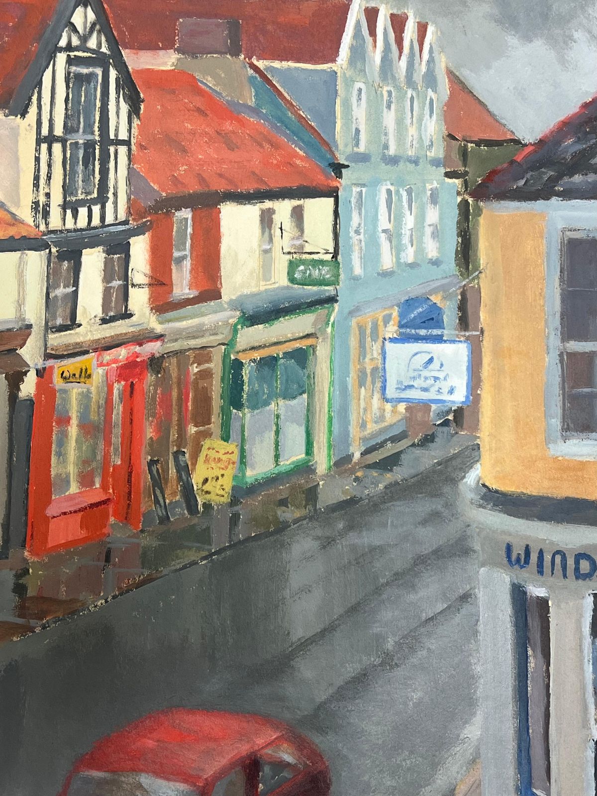 Jill Jacksonovercast Afternoon On A Quiet High Street With Red Car Driving photo for sale