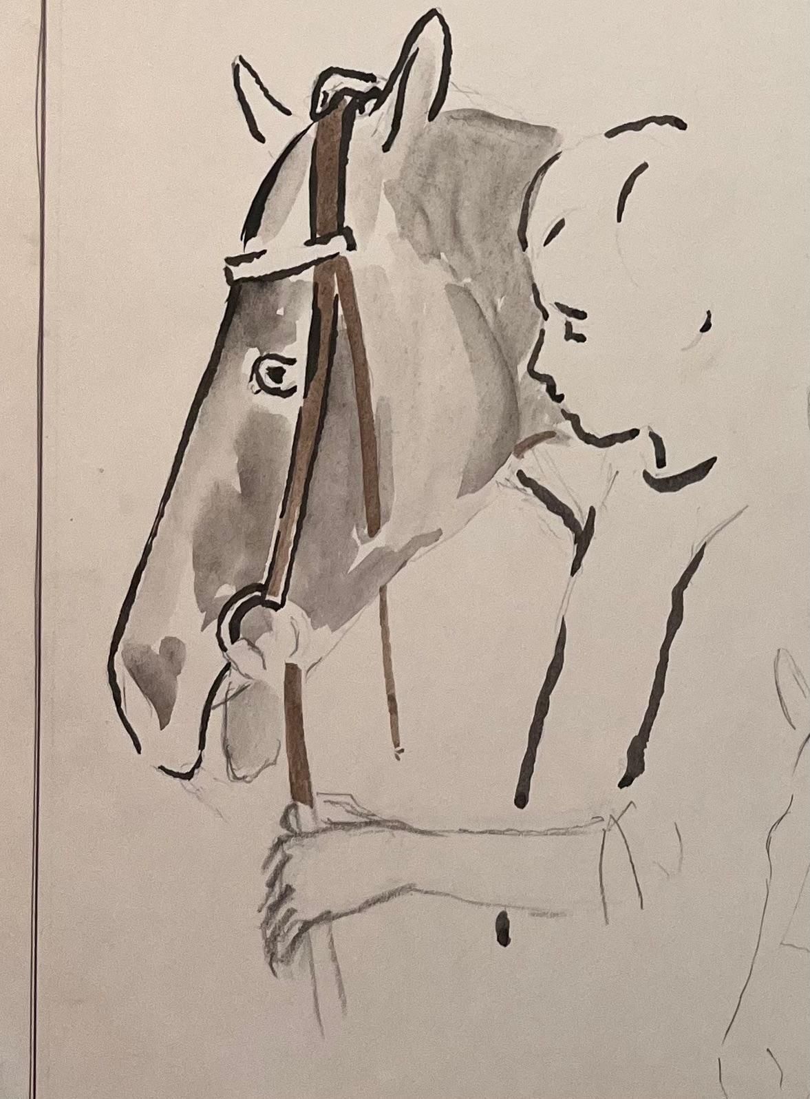 Robert Ladouoriginal French Anatomical Pencil Study Of A Horse Being Fitted With A Bridle20th Century photo 509.0