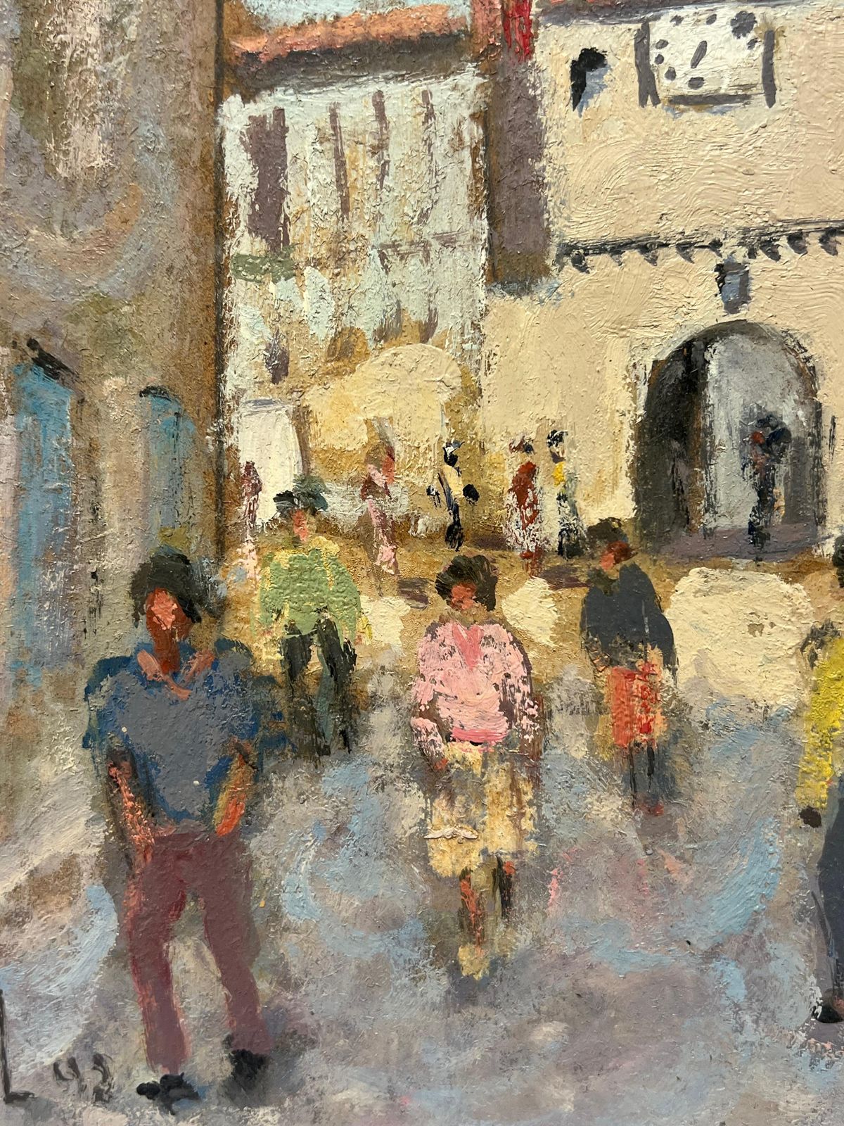 Fanch Lelfigures Strolling Through Cobbled Street Sunlit Village Path French Oil20th Century photo vinterior