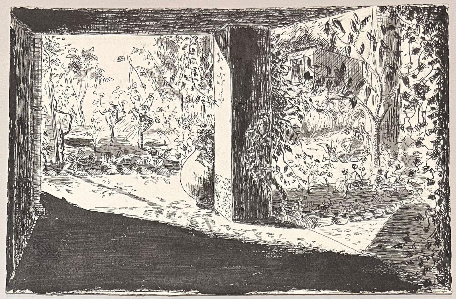 Josine Vignonmid Century French Ink Illustration Of A Shaded Garden View Through A Porch1950's photo furniture