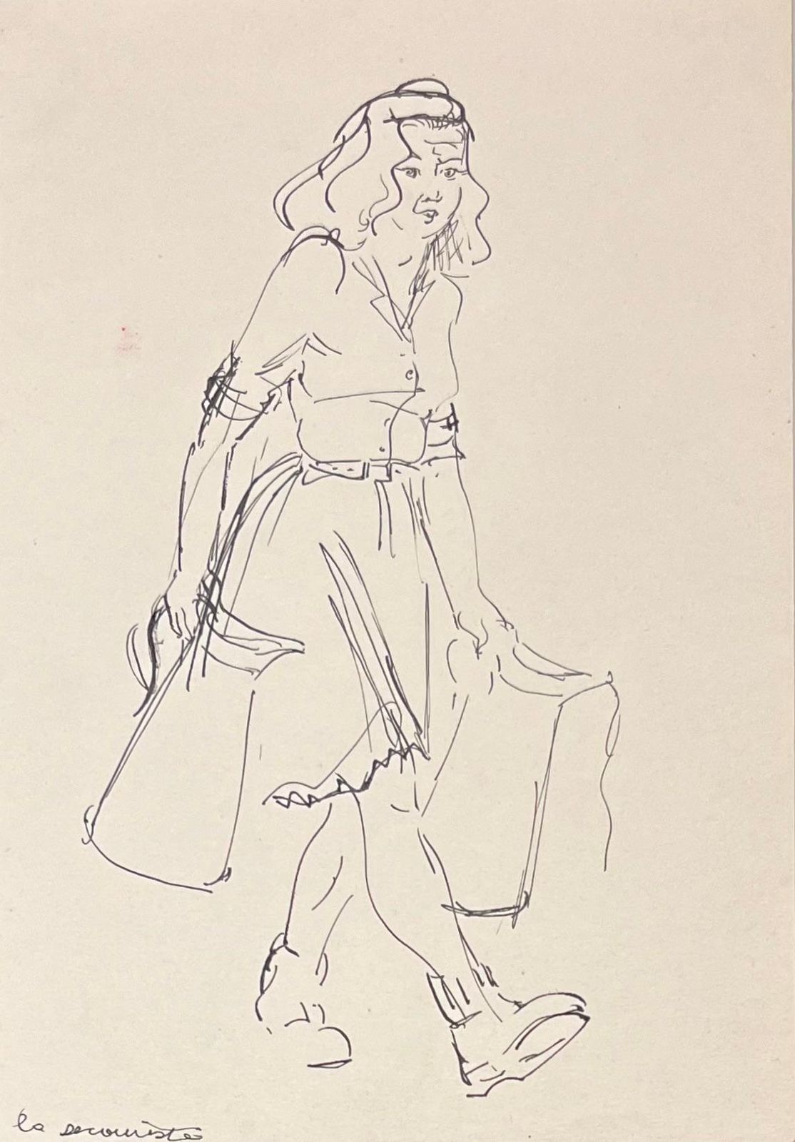 Josine Vignonmid Century French Ink Illustration Of A Woman Carrying A Jug And Bags1950's