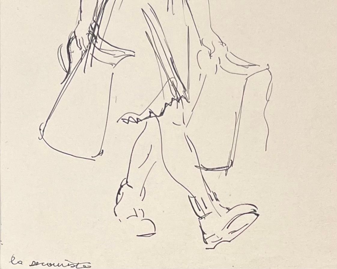 Josine Vignonmid Century French Ink Illustration Of A Woman Carrying A Jug And Bags1950's photo Art