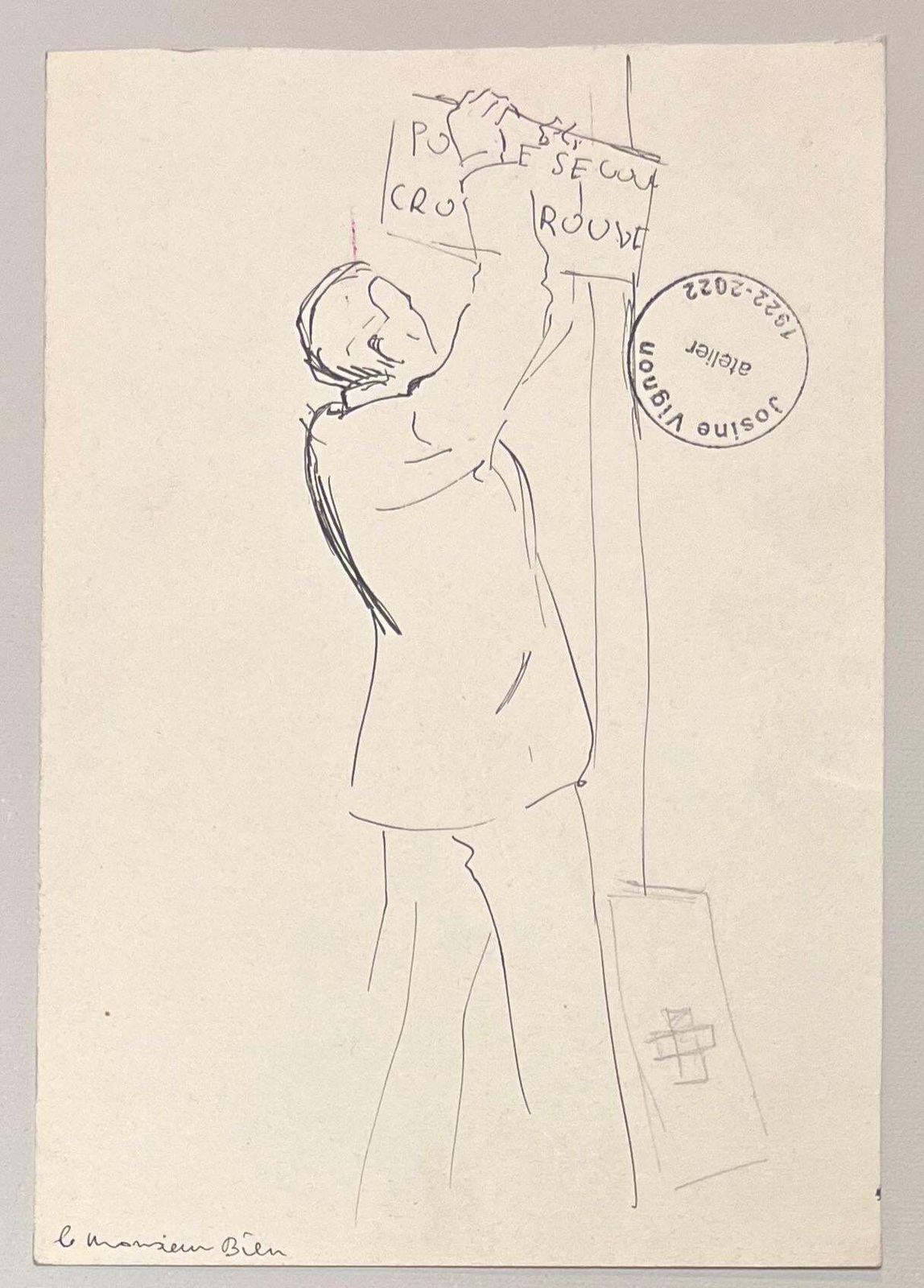 Josine Vignonmid Century French Ink Illustration Of A Woman Carrying A Jug And Bags1950's photo vinterior