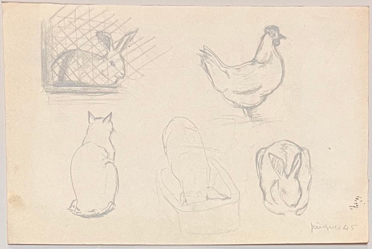 Josine Vignonmid Century French Pencil Study Of Various Animals1945 photo furniture