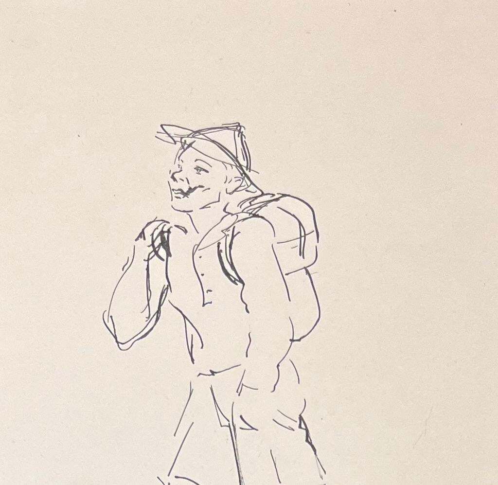 Josine Vignonmid Century French Ink Illustration Of A Happy Walker With Backpack1950's photo for sale