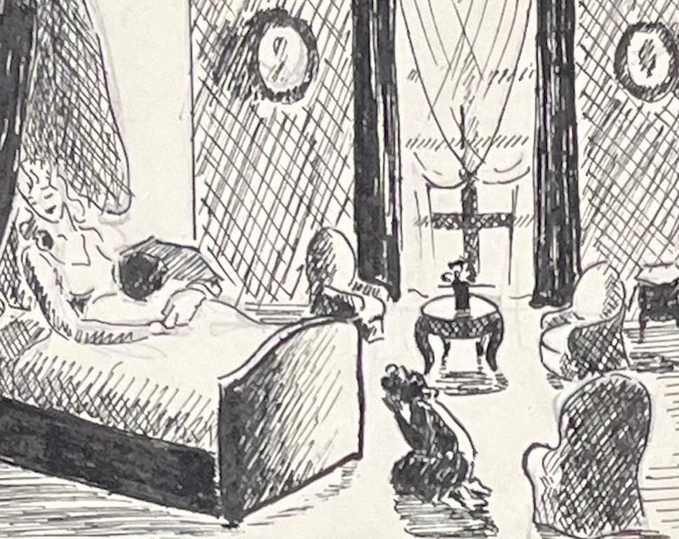 Josine Vignonmid Century French Ink Drawings Of Interior Scene With Woman Resting In Bed1950's photo 101.0