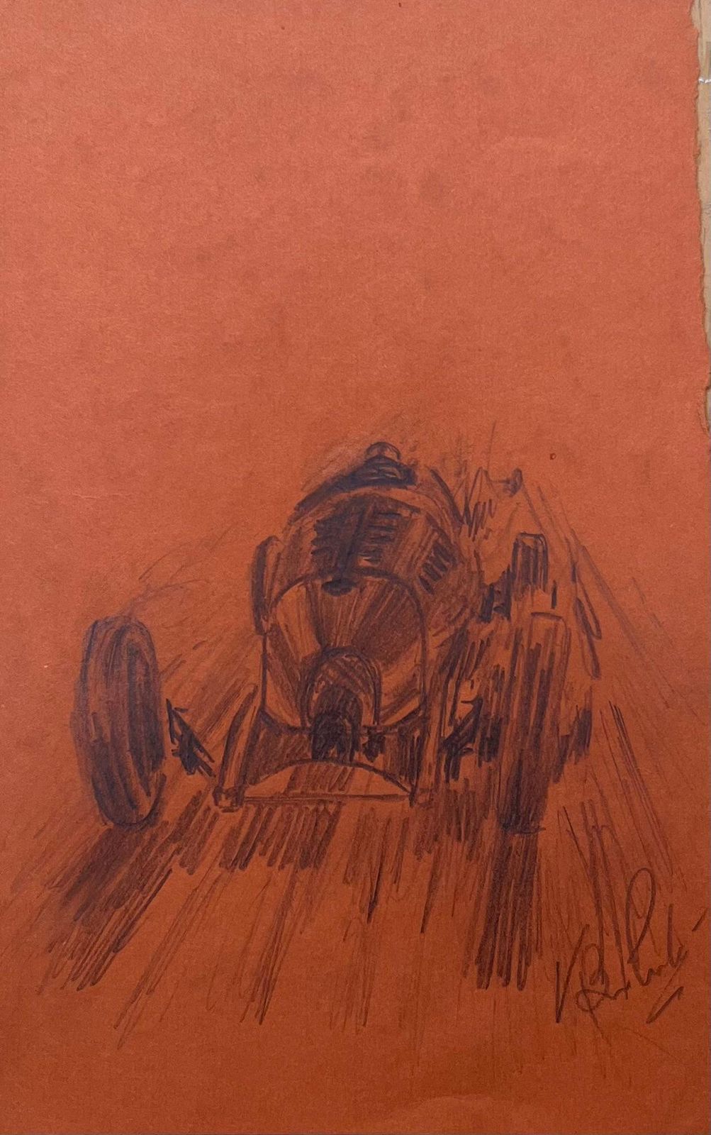 K.B. Whitevintage Race Car Pencil Illustration On Brown Paperearly 20th Century