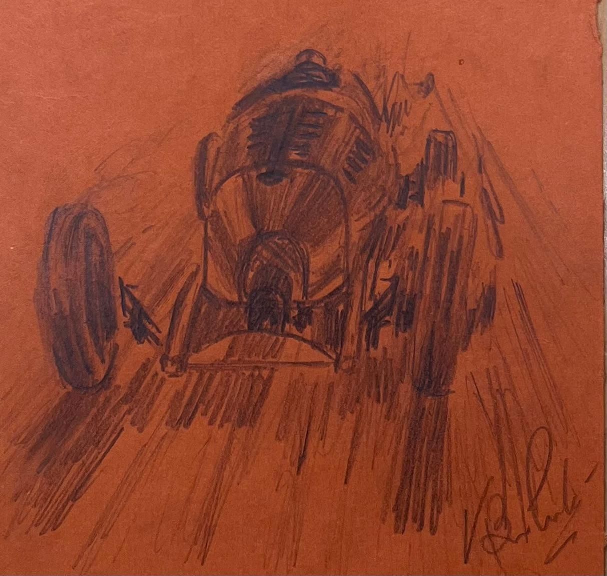 K.B. Whitevintage Race Car Pencil Illustration On Brown Paperearly 20th Century photo for sale
