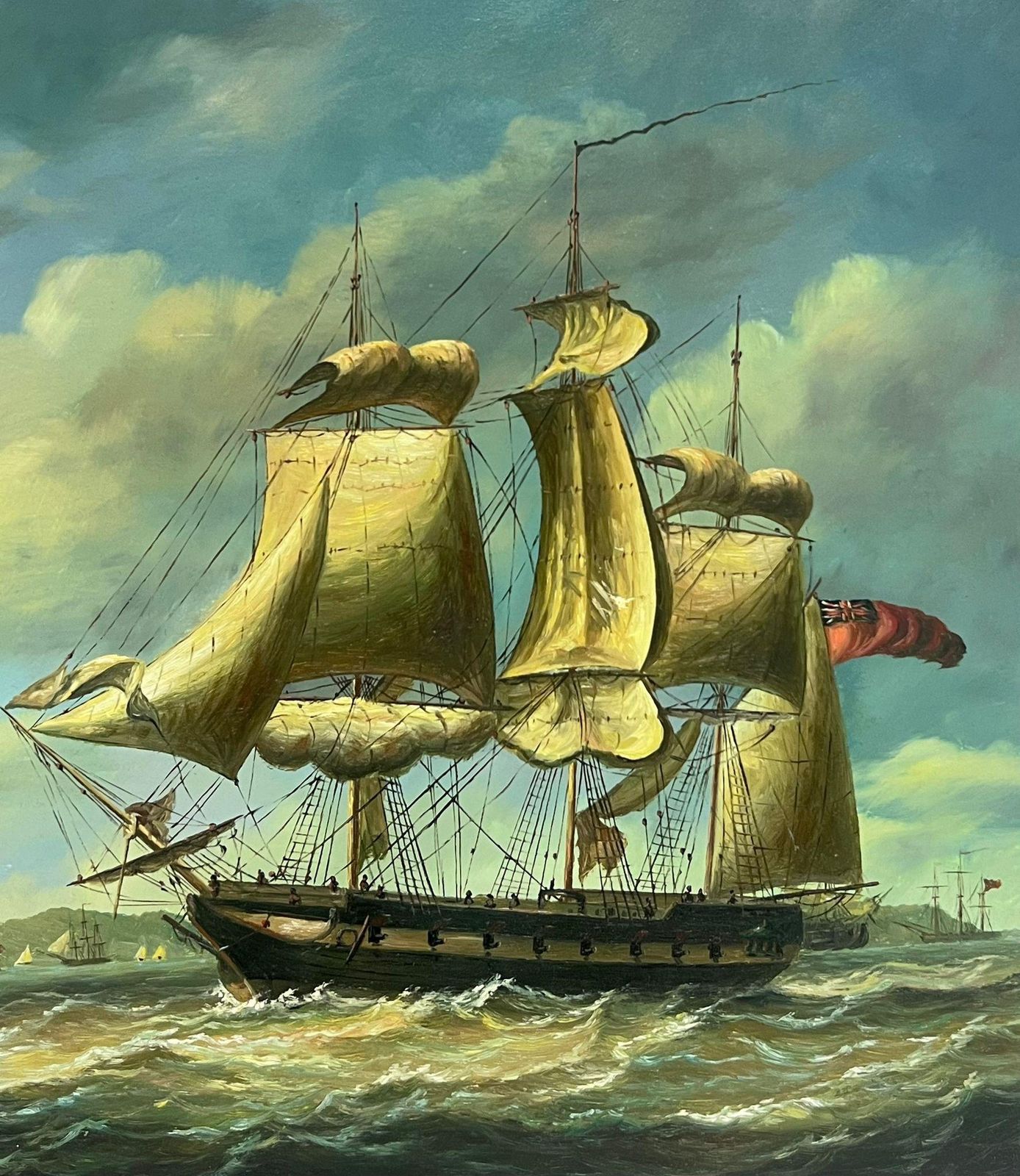 English Marine Oil Classic English Marine Oil Painting Tall Sailing Ships On Choppy Seas Off Coast photo 1018.0