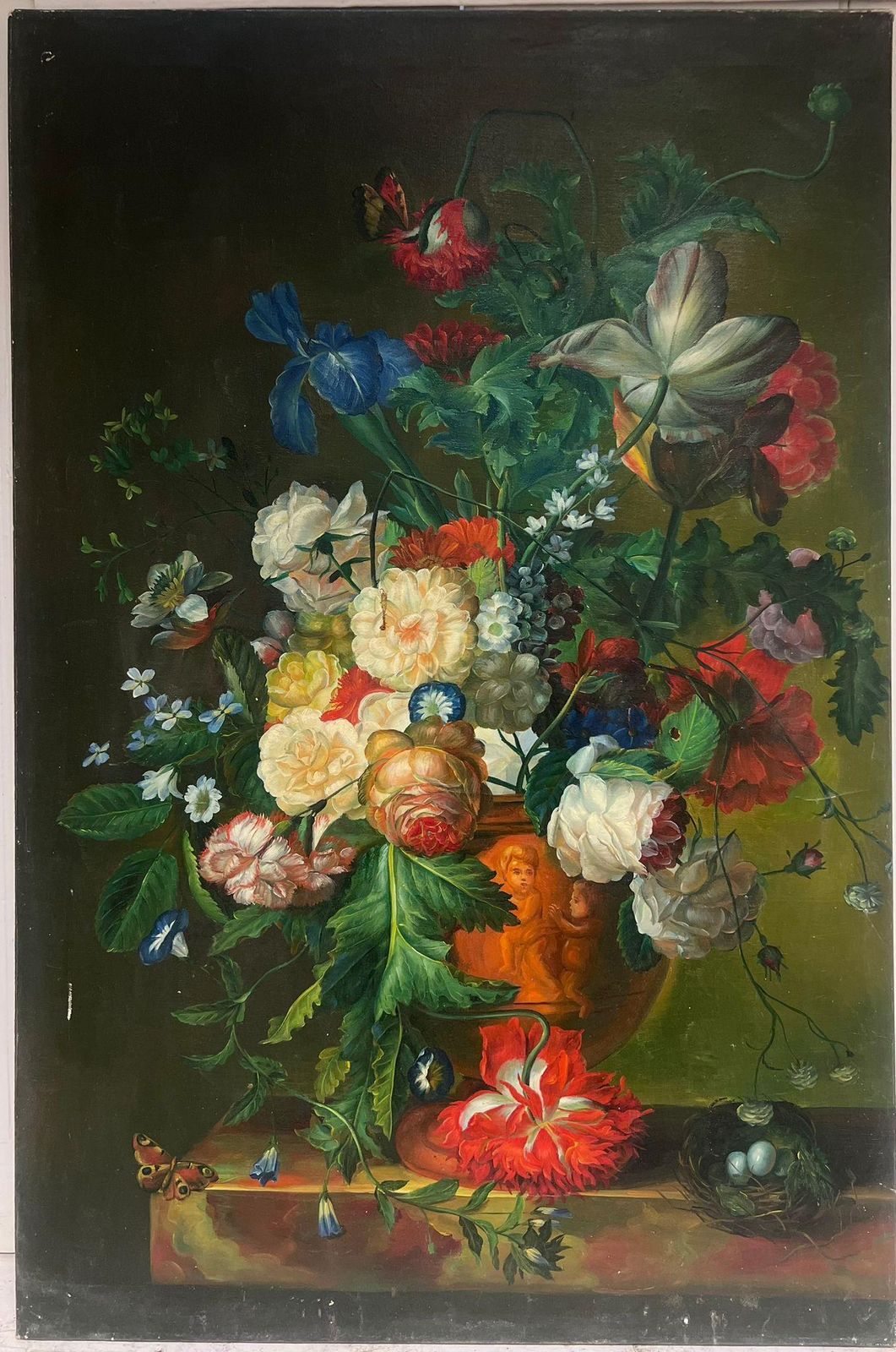 Large Classical Still Life Ornate Flowers & Birds Nest Oil Painting On Canvas photo furniture