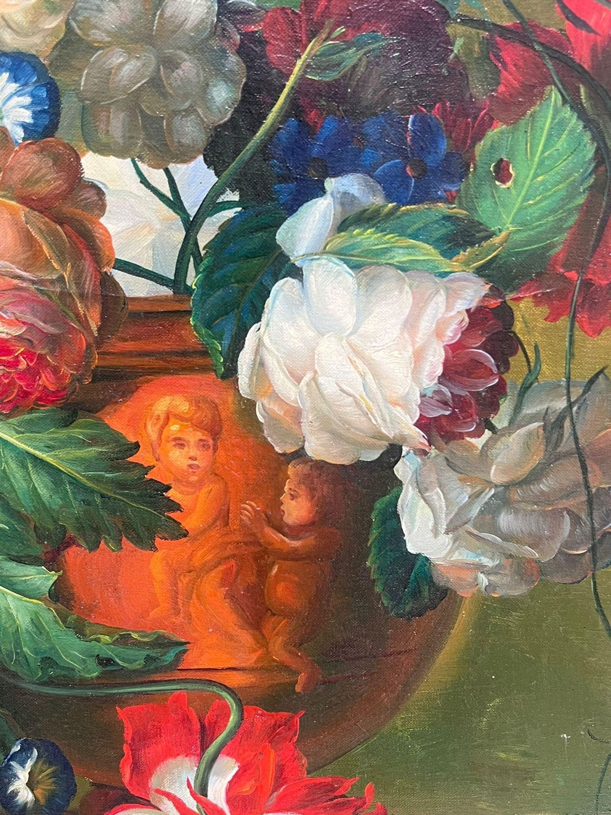 Large Classical Still Life Ornate Flowers & Birds Nest Oil Painting On Canvas photo for sale