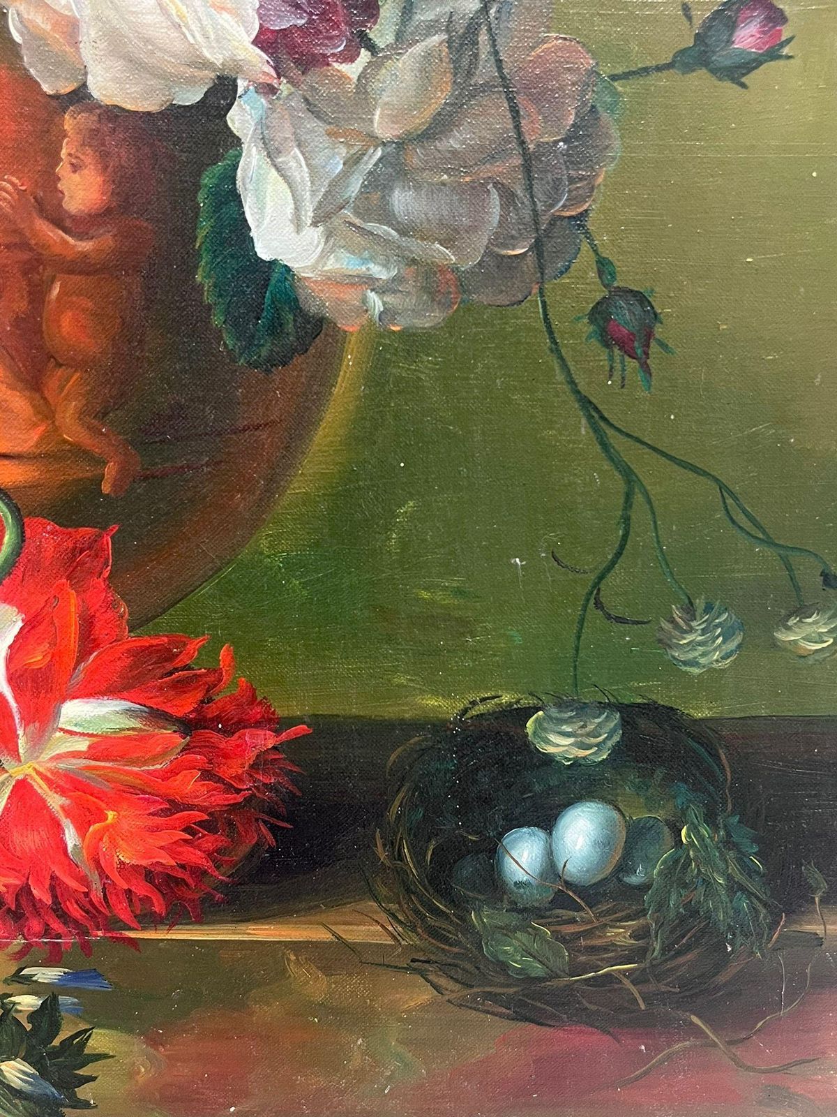 Large Classical Still Life Ornate Flowers & Birds Nest Oil Painting On Canvas photo buy