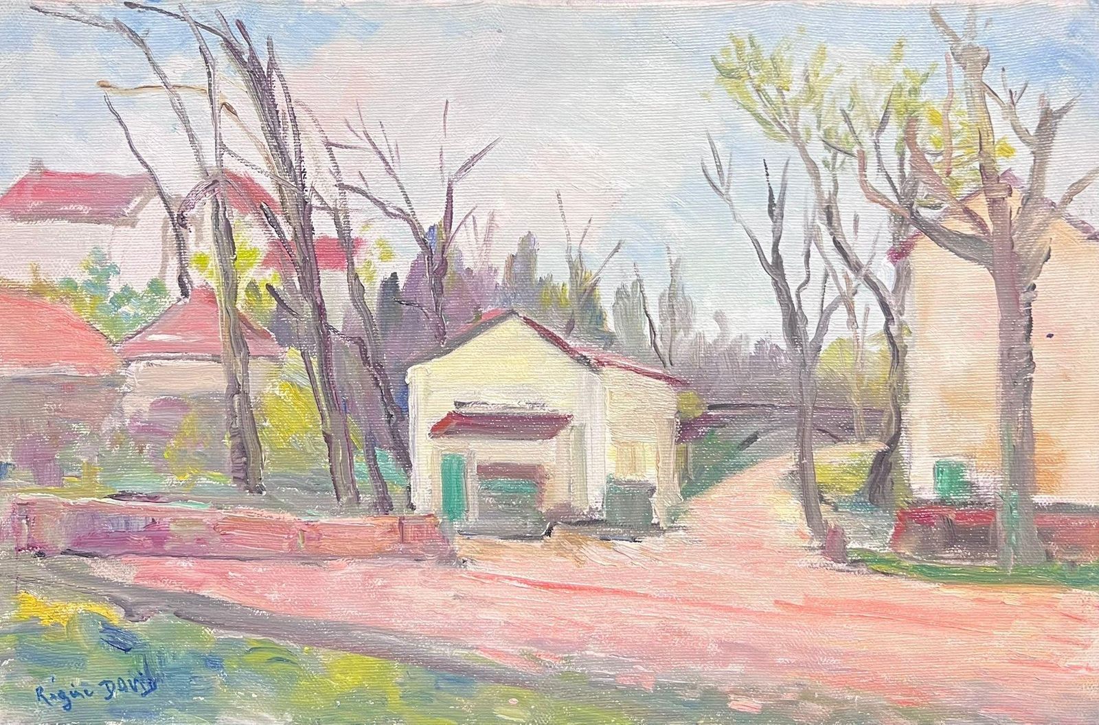 Regine Davidfrench Oil Tranquil Village Corner With Bare Trees And Warm Light1950's