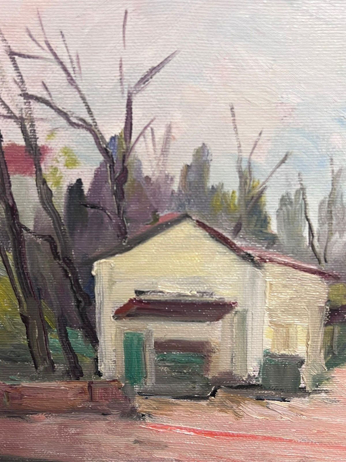 Regine Davidfrench Oil Tranquil Village Corner With Bare Trees And Warm Light1950's photo Art