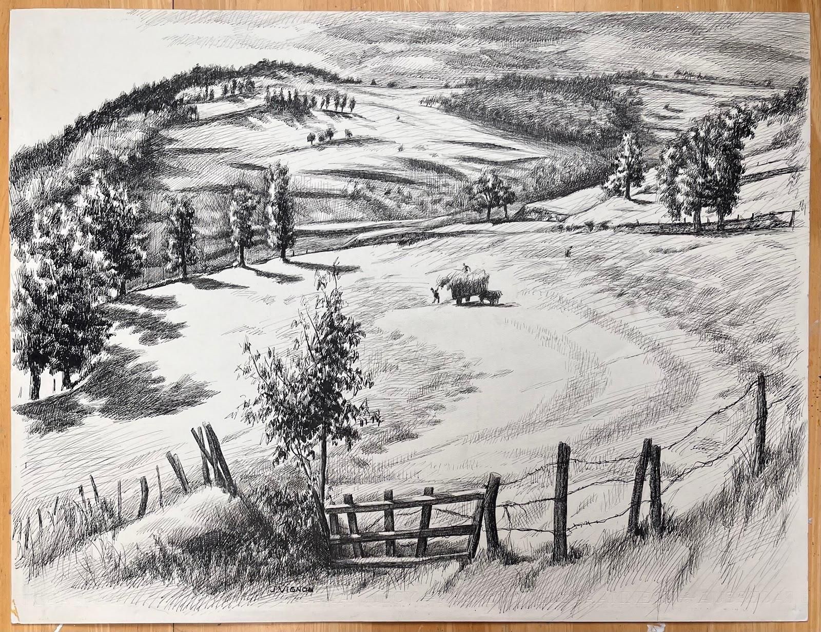Josine Vignonmid Century French Original Ink Drawing Of A Rural Landscape With Hay Wagon1950's