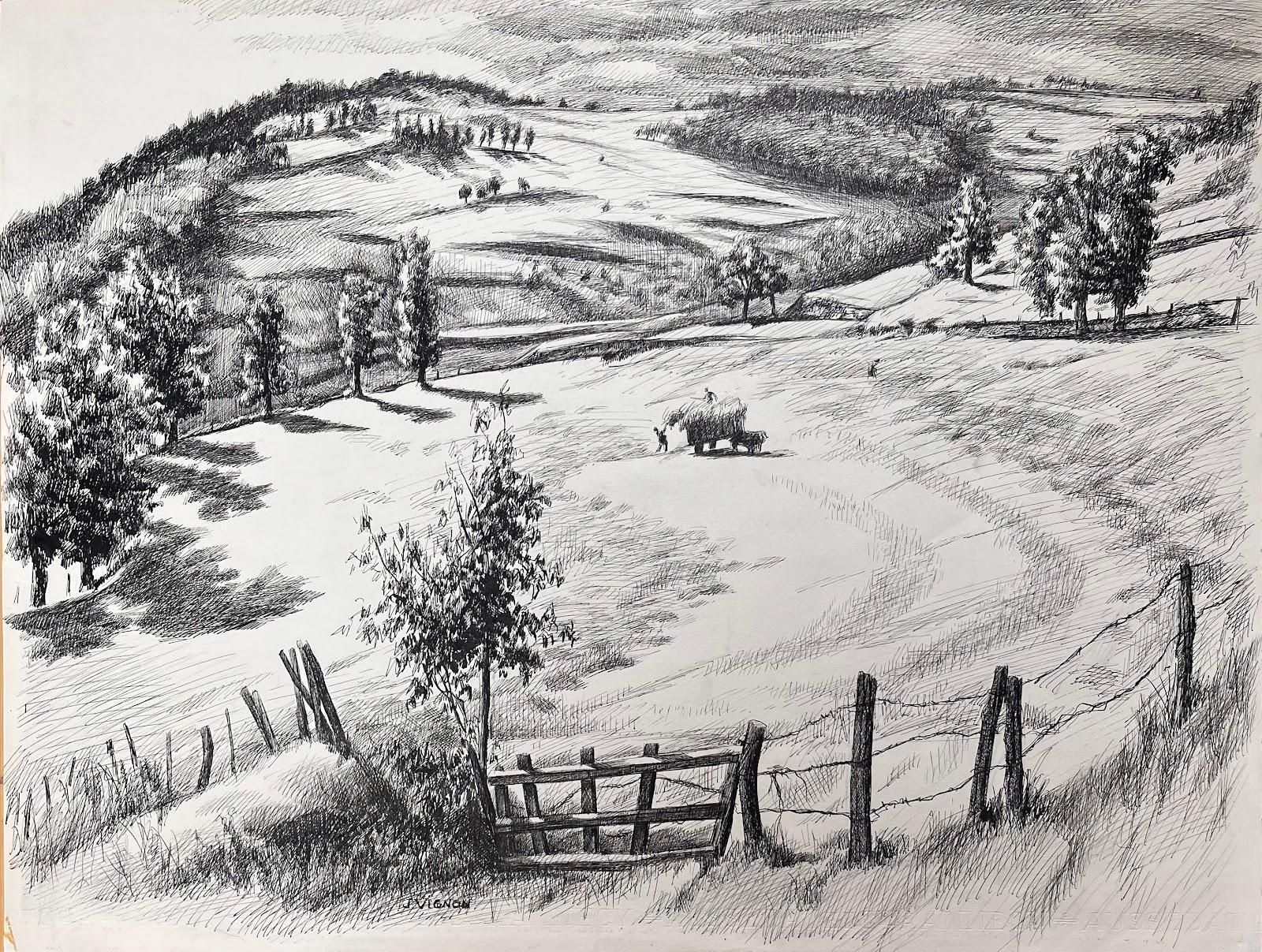 Josine Vignonmid Century French Original Ink Drawing Of A Rural Landscape With Hay Wagon1950's photo furniture