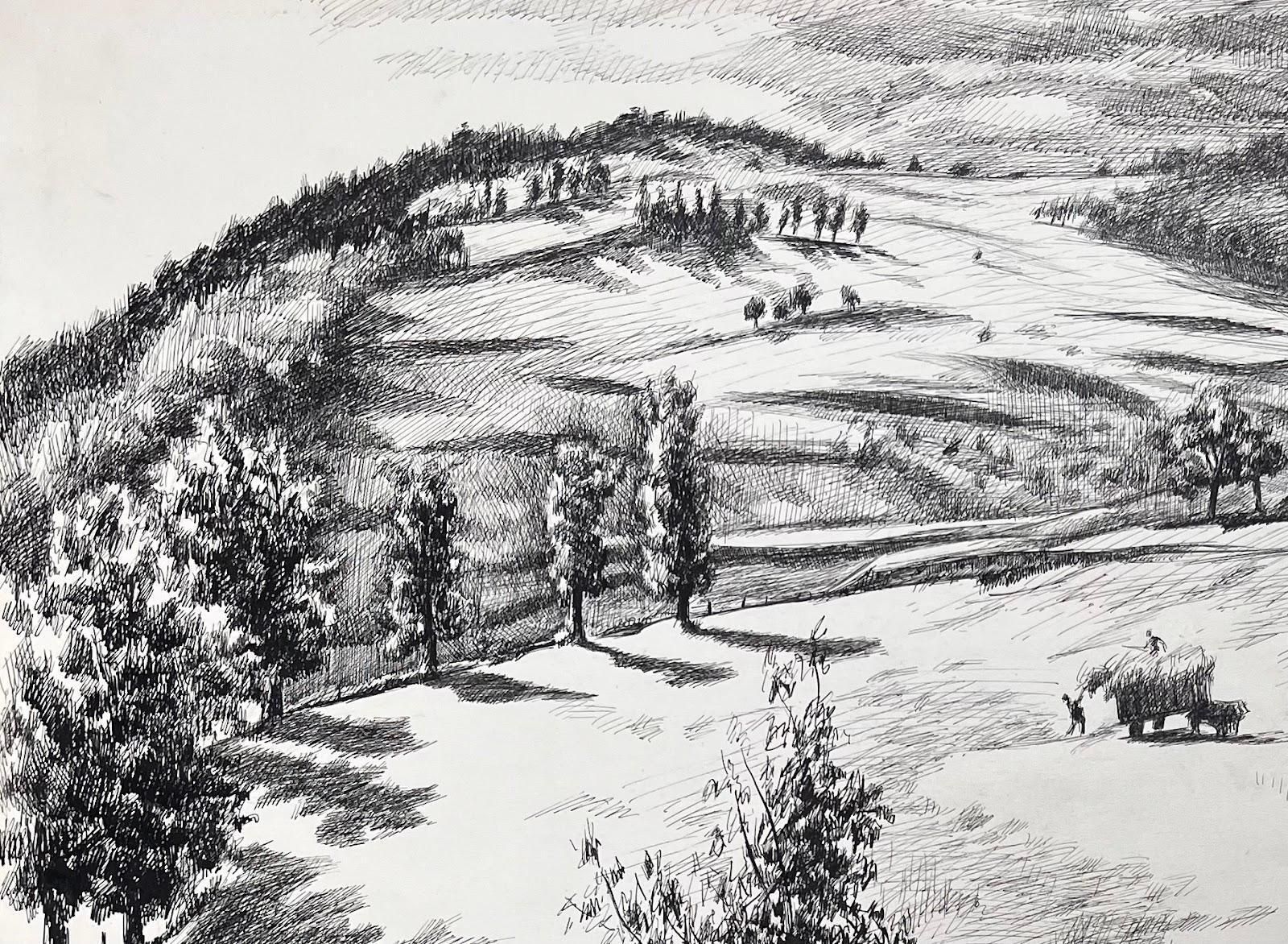 Josine Vignonmid Century French Original Ink Drawing Of A Rural Landscape With Hay Wagon1950's photo for sale