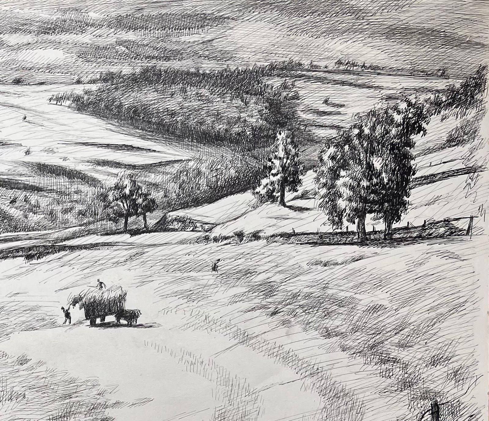 Josine Vignonmid Century French Original Ink Drawing Of A Rural Landscape With Hay Wagon1950's photo Art