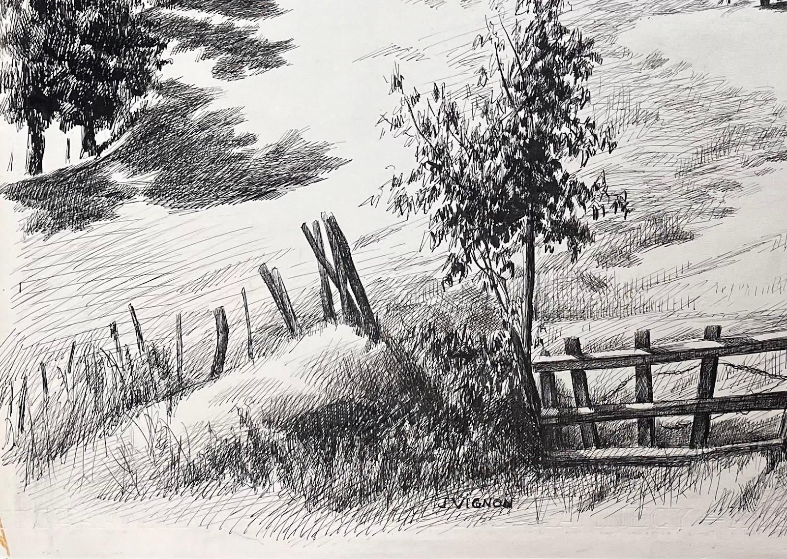 Josine Vignonmid Century French Original Ink Drawing Of A Rural Landscape With Hay Wagon1950's photo 892.0