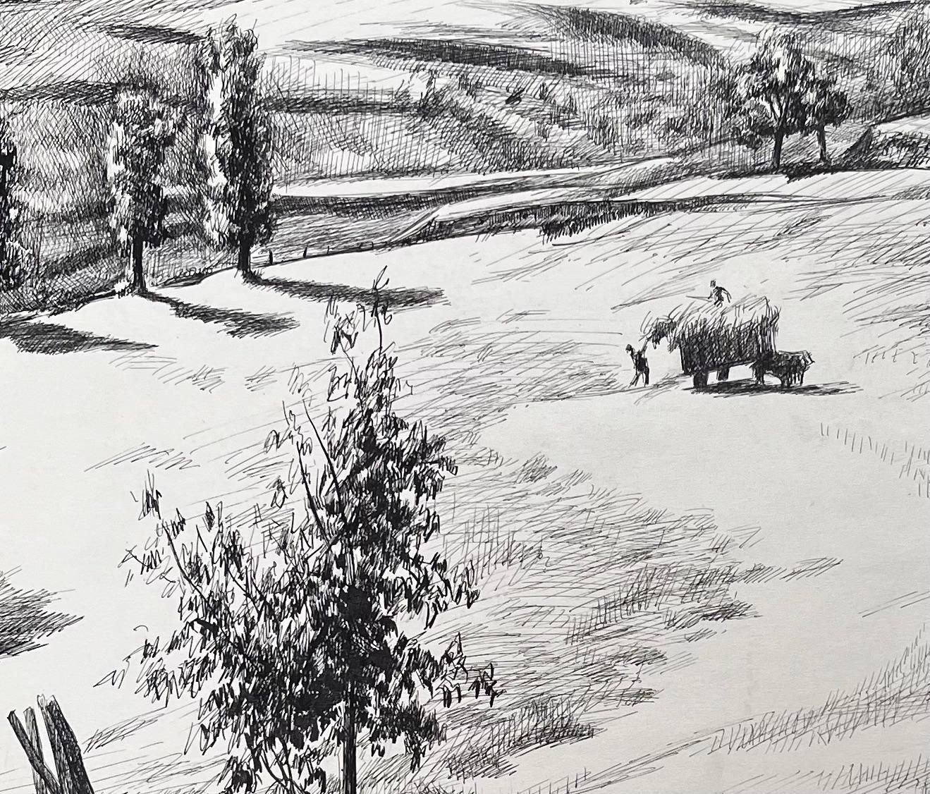 Josine Vignonmid Century French Original Ink Drawing Of A Rural Landscape With Hay Wagon1950's photo vinterior