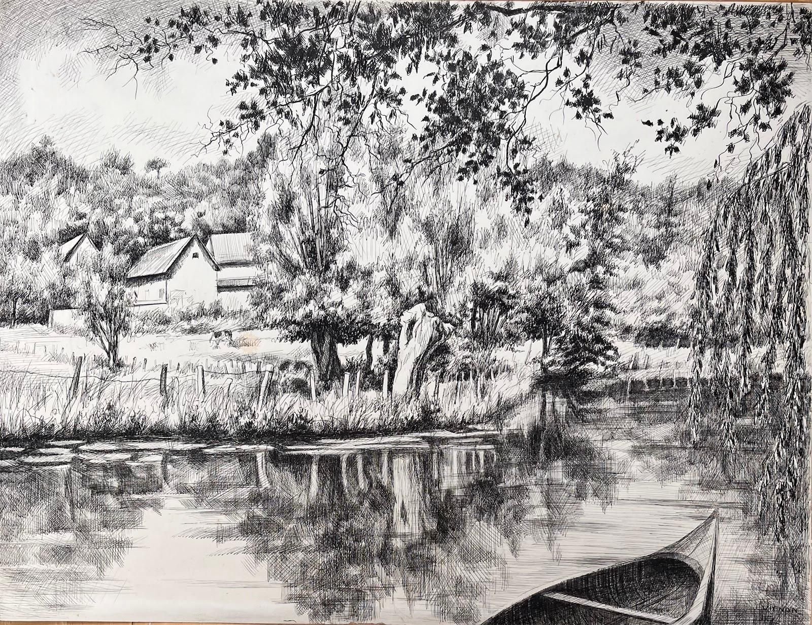 Josine Vignonmid Century French Original Ink Drawing Of A Riverside Scene With Boat1950's photo furniture