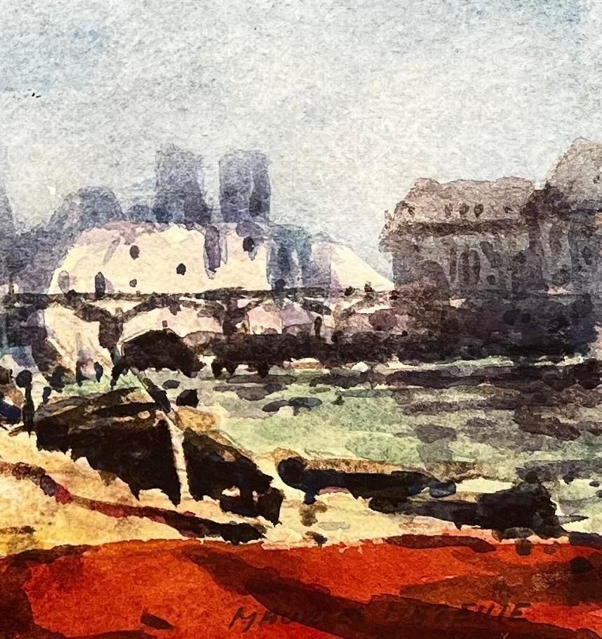 Maurice Mazeilefrench Impressionist Watercolor Landscape Paris City Skyline From River Seine20th Century photo for sale