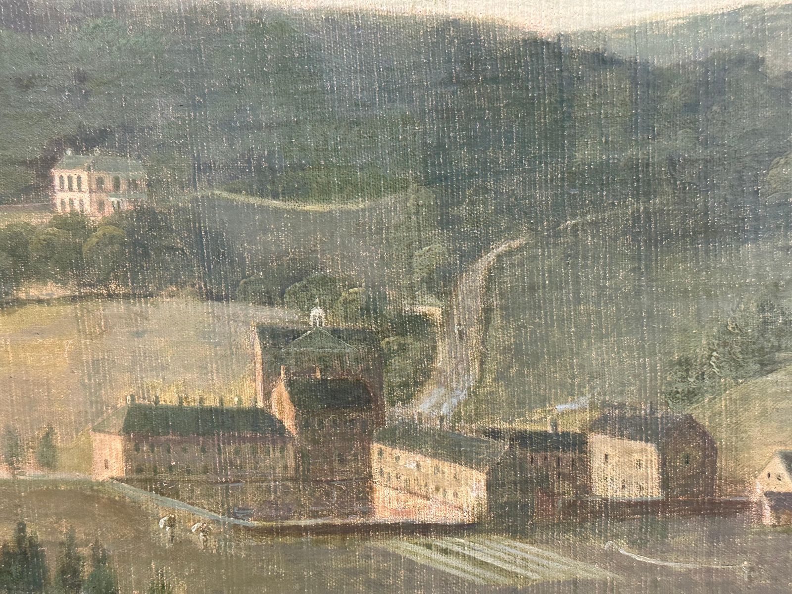 photo vinterior John Pennington (1773 1841) Huge Georgian 1820's English Oil Industrial Landscape With Mills Children Picnicc. 1820's