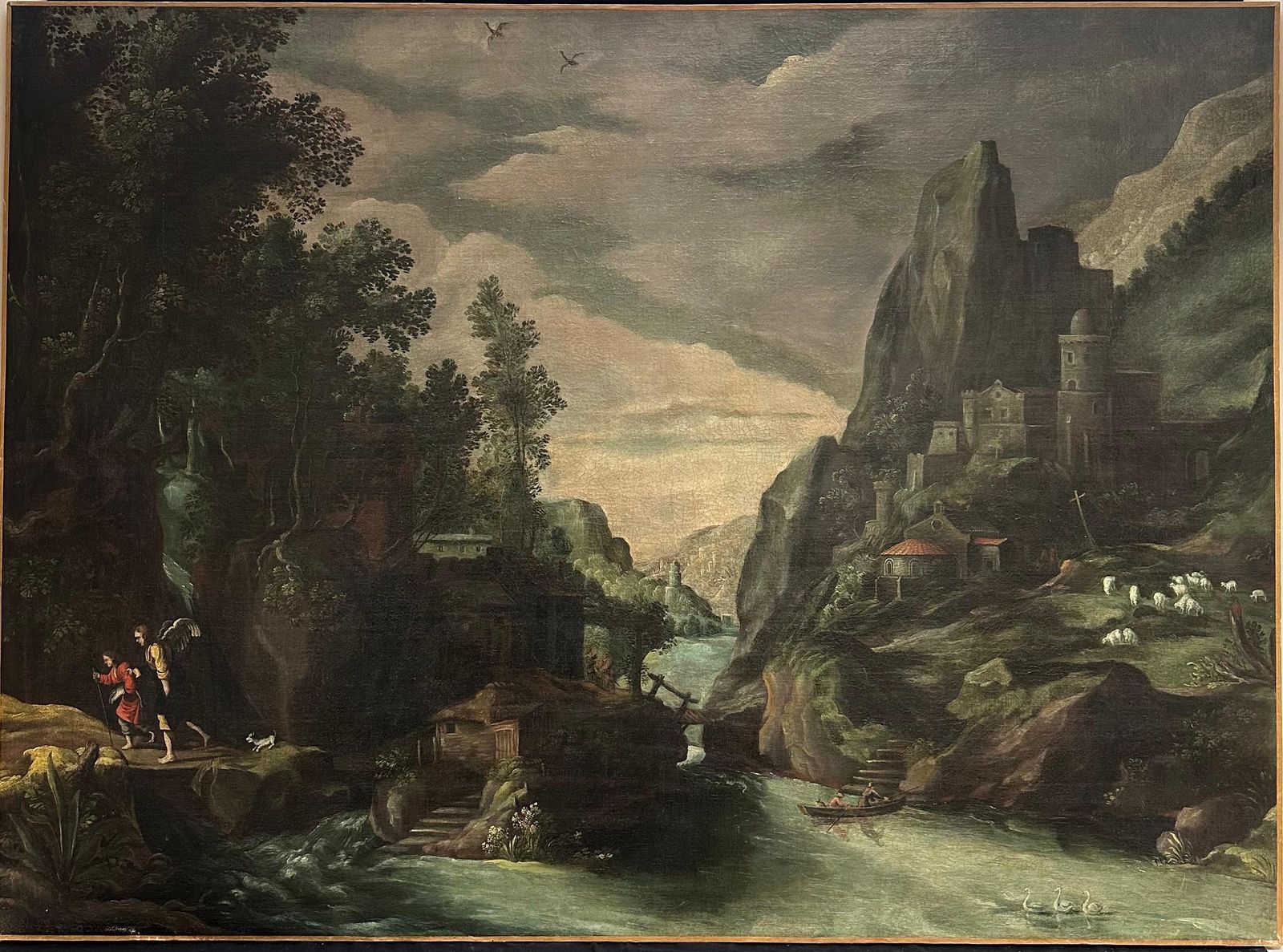 Huge 1600's Flemish Old Master Oil Painting Tobias & The Angel Baroque Landscape1600 photo for sale