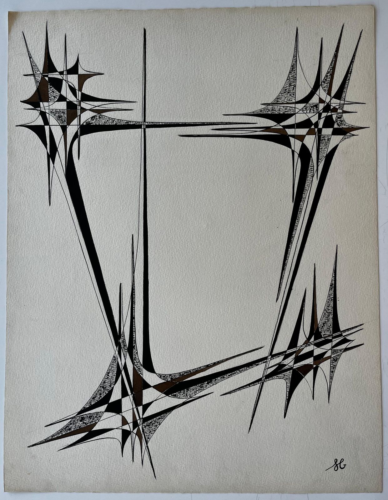 Serge Guerin (1916)mid Century French Geometric Abstract Black And Brown Ink Drawing On Paper photo furniture