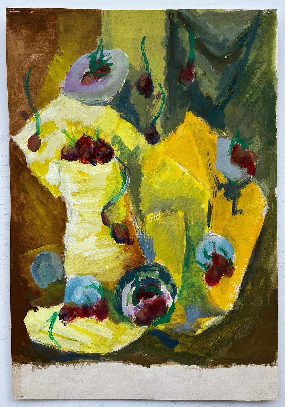 Guy Nicod Vibrant Still Life With Fruit And Yellow Drapery French Modernist Gouache photo furniture