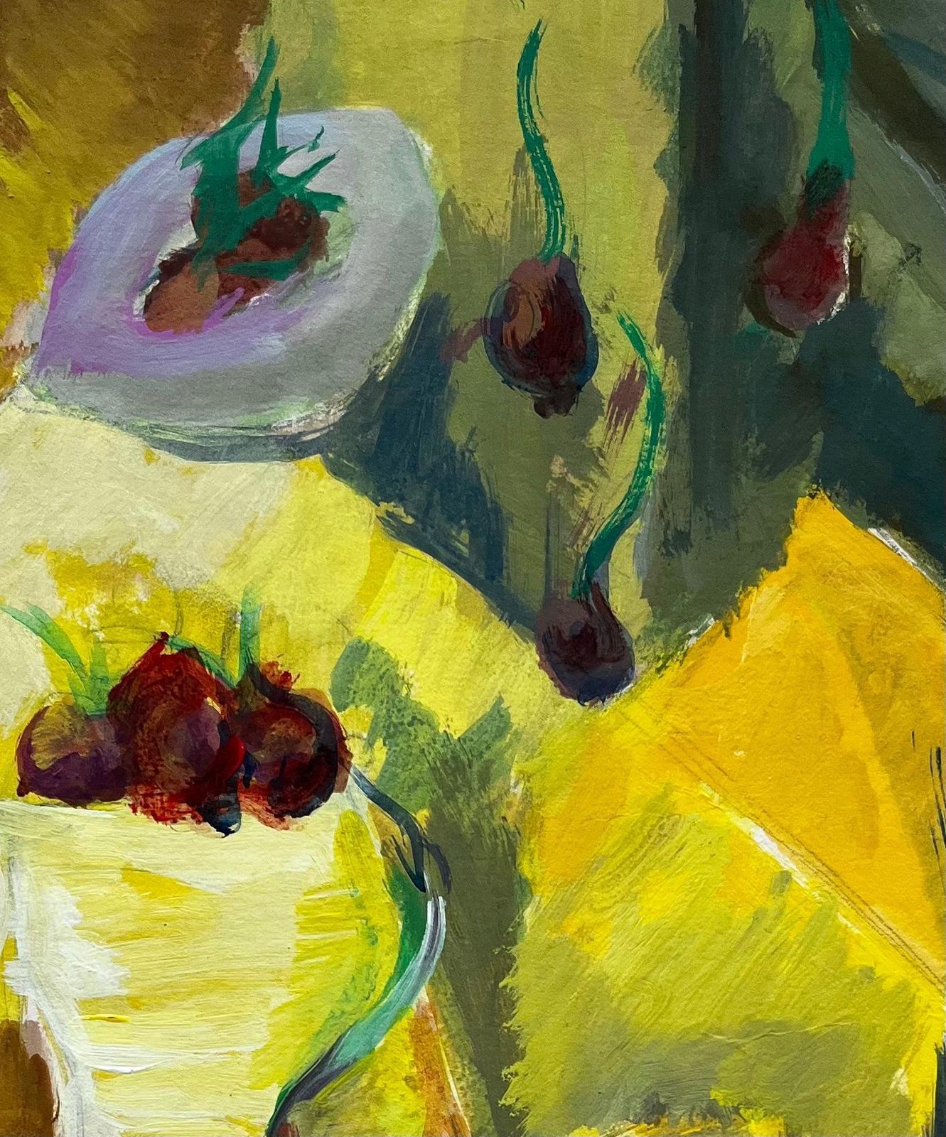 Guy Nicod Vibrant Still Life With Fruit And Yellow Drapery French Modernist Gouache photo buy