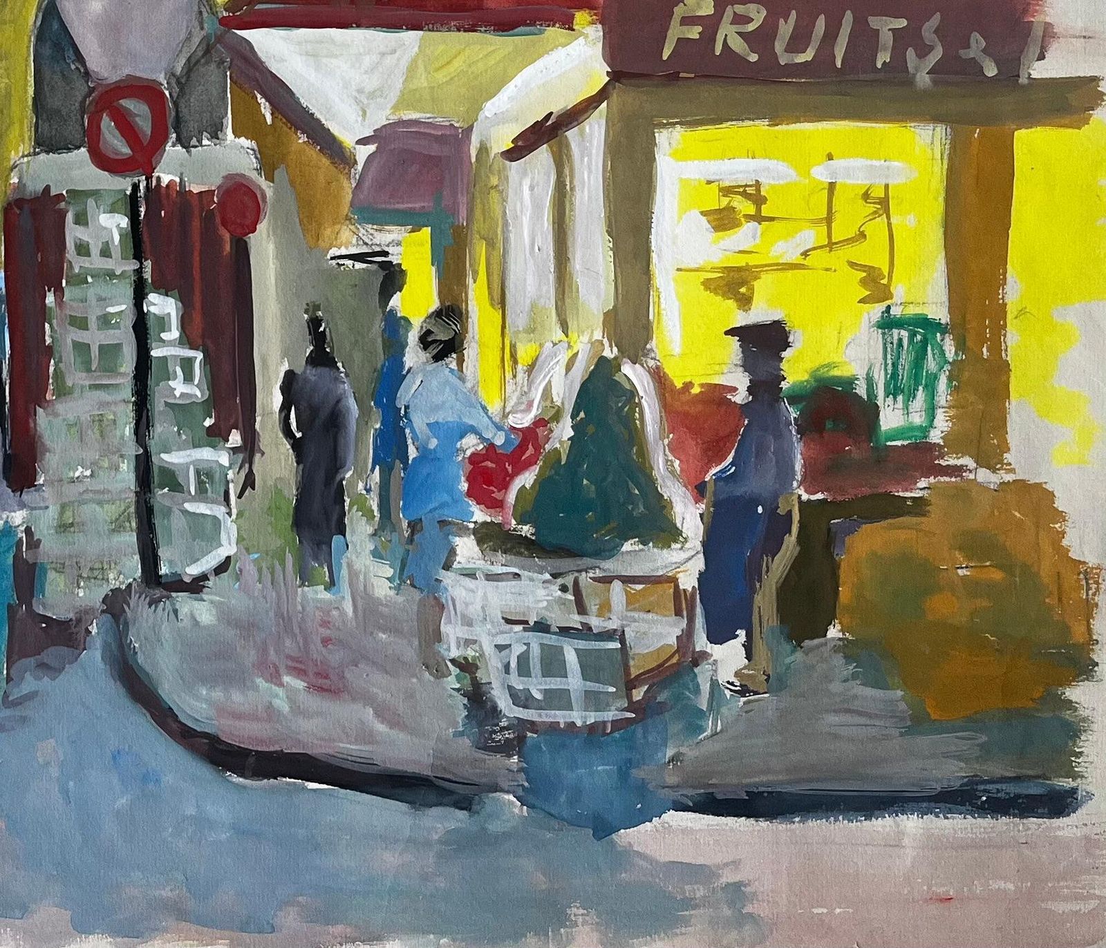 Guy Nicodfrench Gouache Street Scene With Market Stalls Shops Figures And Architecture photo Art