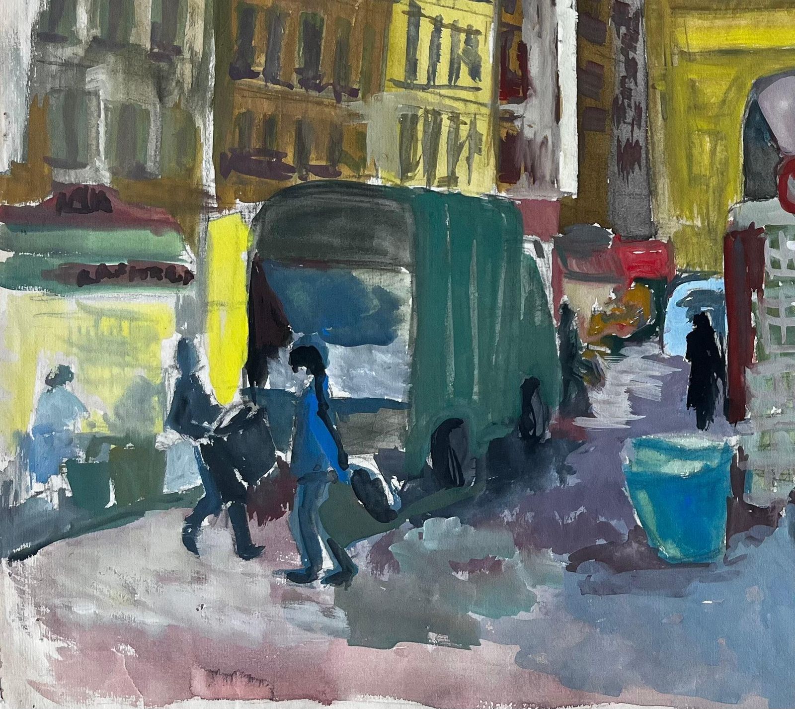 Guy Nicodfrench Gouache Street Scene With Market Stalls Shops Figures And Architecture photo 420.0
