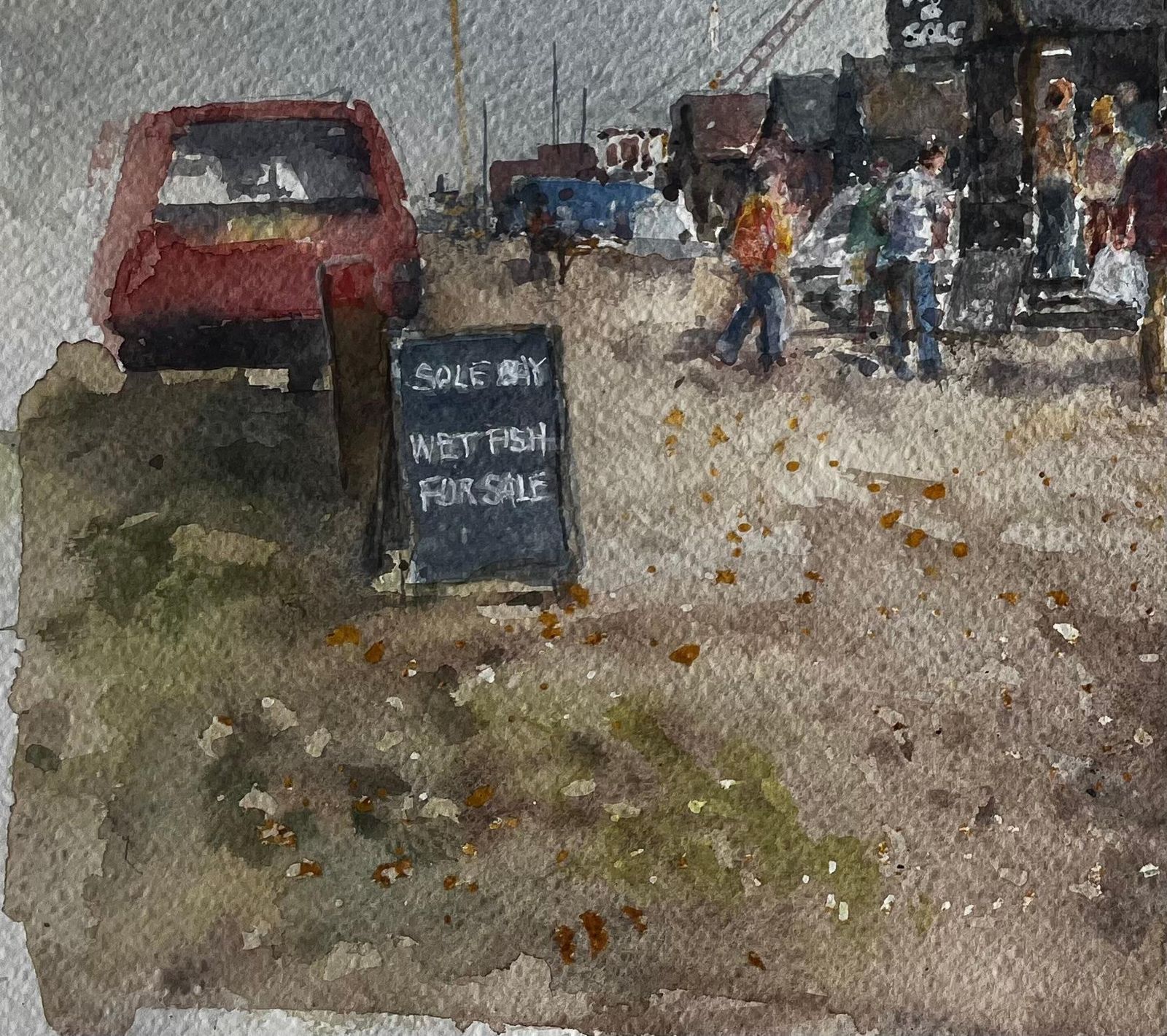 Anthony Herbertsouthwold Harbour Fish Market Scene With Figures And Sheds Original Watercolour photo 504.0