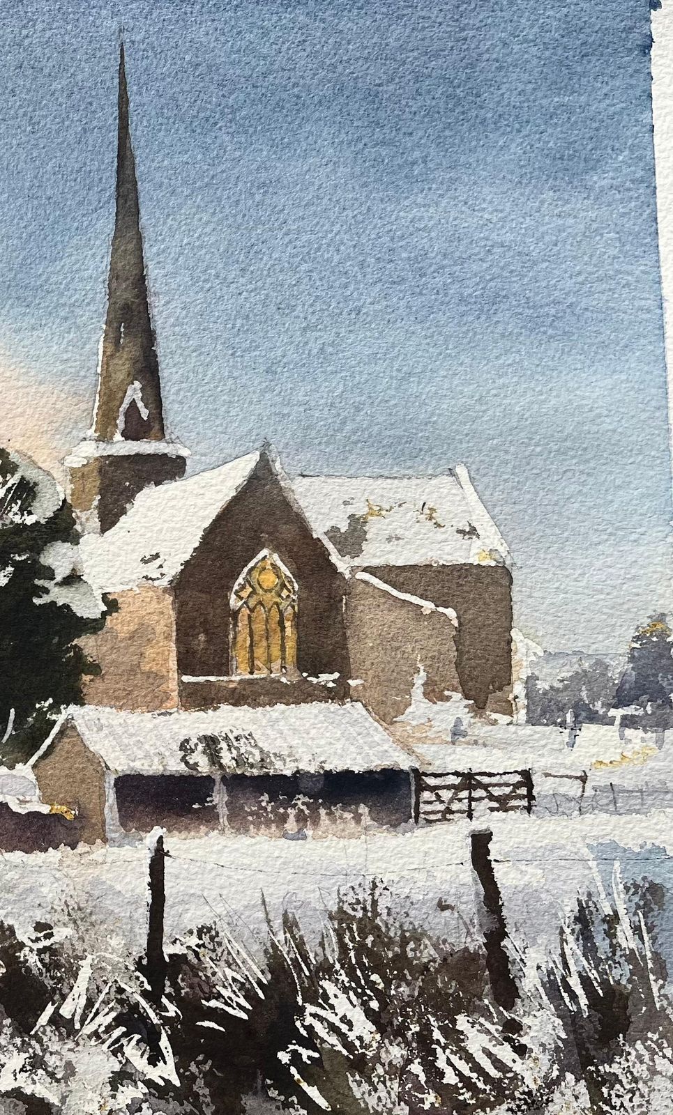 Anthony Averybritish Impressionist Watercolor Of Snow Covered Church At Sunset photo for sale