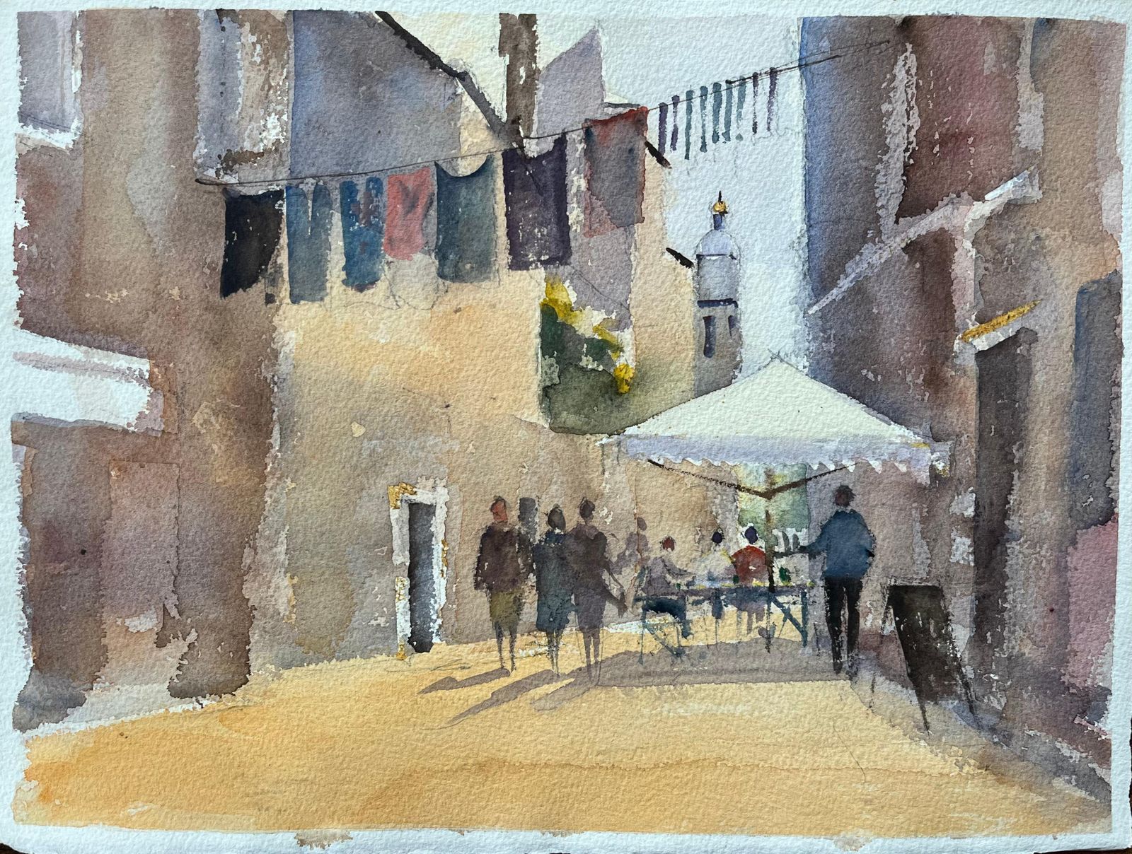 Anthony Avery British Watercolor Of A Street Scene With Hanging Laundry And Outdoor Café