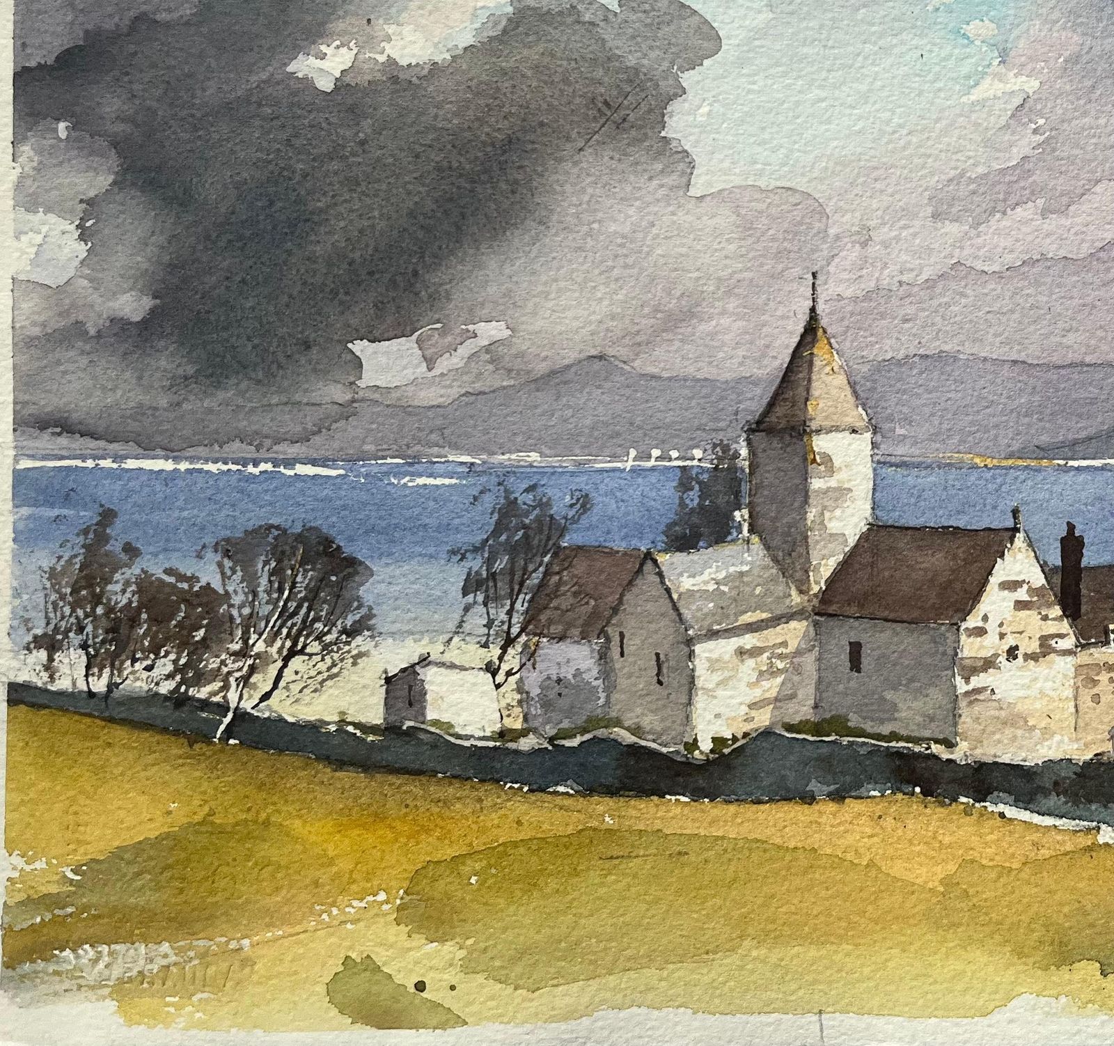 Anthony Avery British Impressionist Watercolor Of A Coastal Church With Dramatic Sky photo for sale
