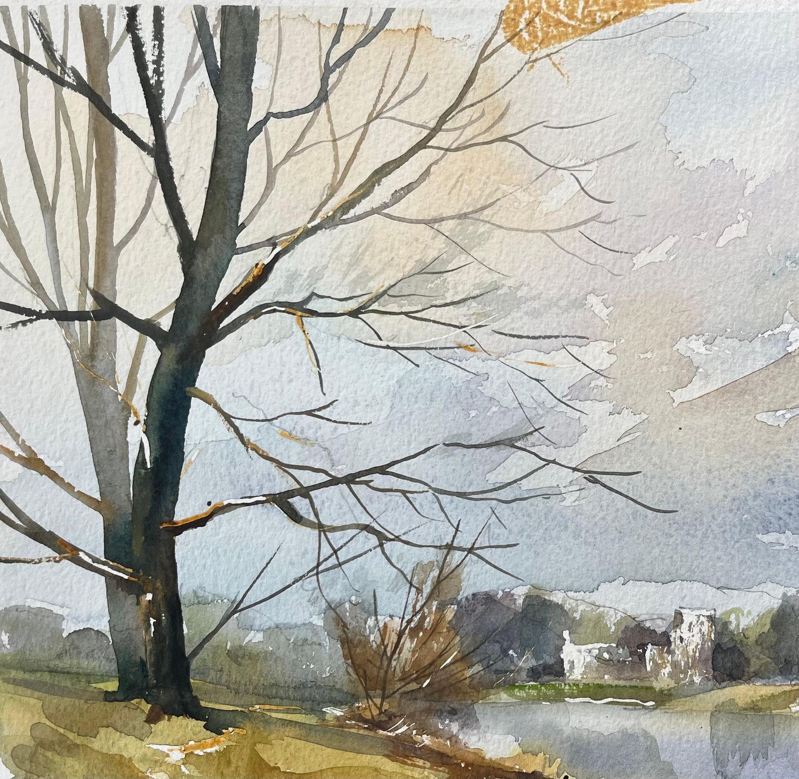 Anthony Avery British Watercolor Of Riverside Scene With Distant Church photo vinterior