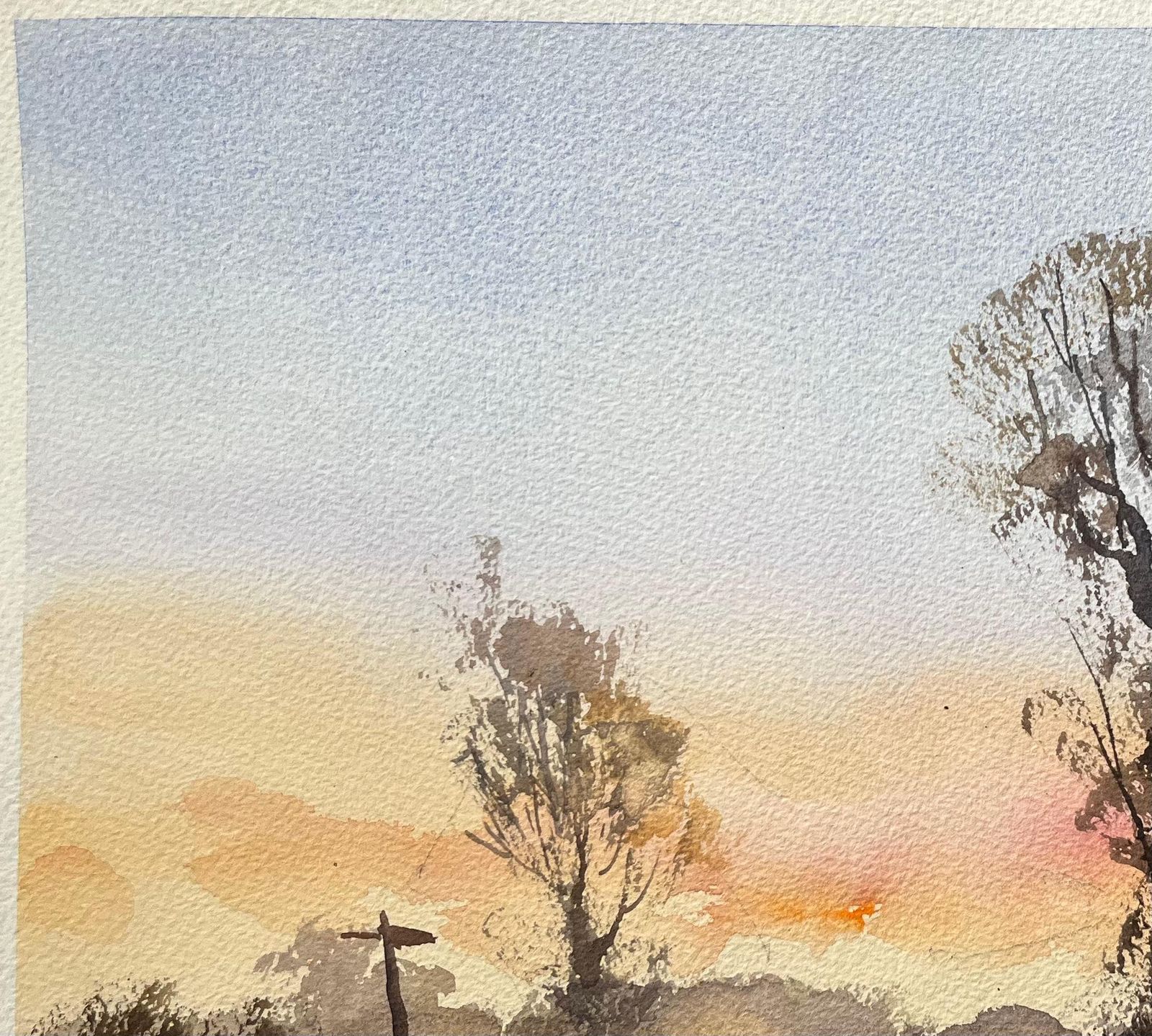 Anthony Avery British Impressionist Watercolor Of A Sunset Landscape With Trees And Signpost photo buy