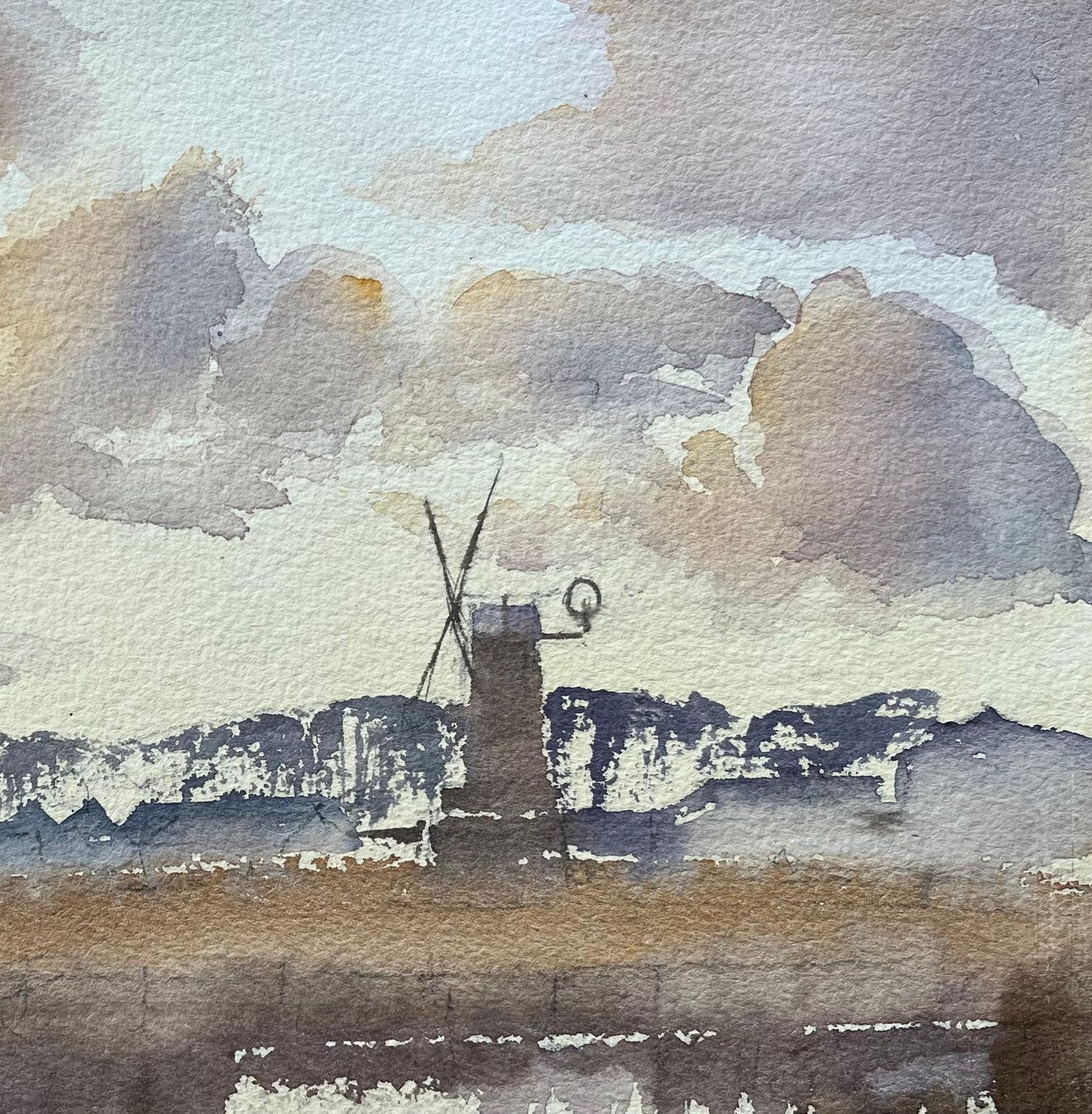 Anthony Avery British Impressionist Watercolor Of Countryside Windmill And Reflected Skies photo for sale
